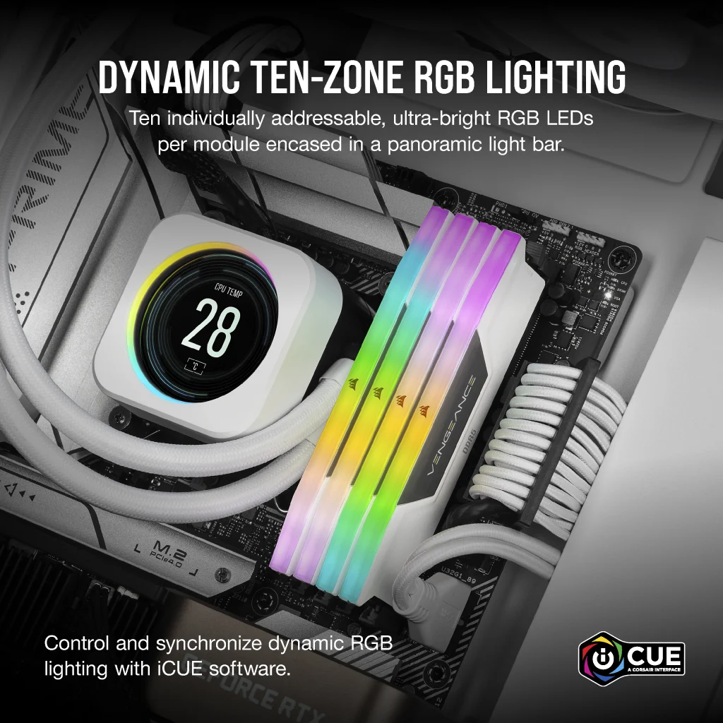 A large marketing image providing additional information about the product Corsair Vengeance RGB 32GB Kit (2x16GB) DDR5 Intel XMP C32 6400MHz - White - Additional alt info not provided