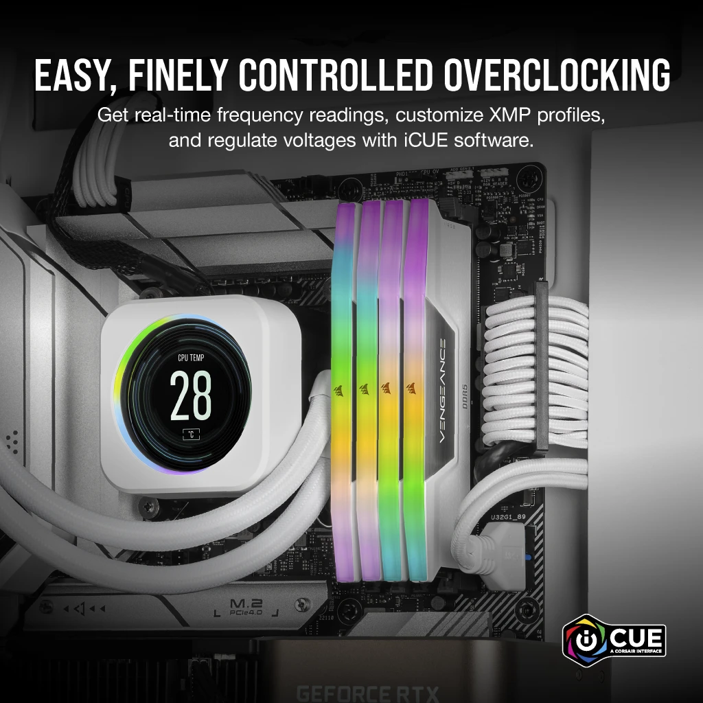 A large marketing image providing additional information about the product Corsair Vengeance RGB 32GB Kit (2x16GB) DDR5 Intel XMP C32 6400MHz - White - Additional alt info not provided