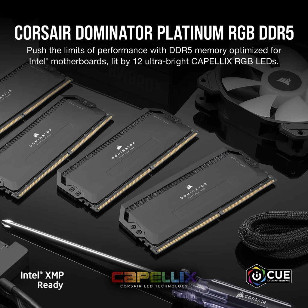 A large marketing image providing additional information about the product Corsair Dominator Platinum RGB 64GB Kit (2x32GB) DDR5 C30 6000MHz - Grey - Additional alt info not provided