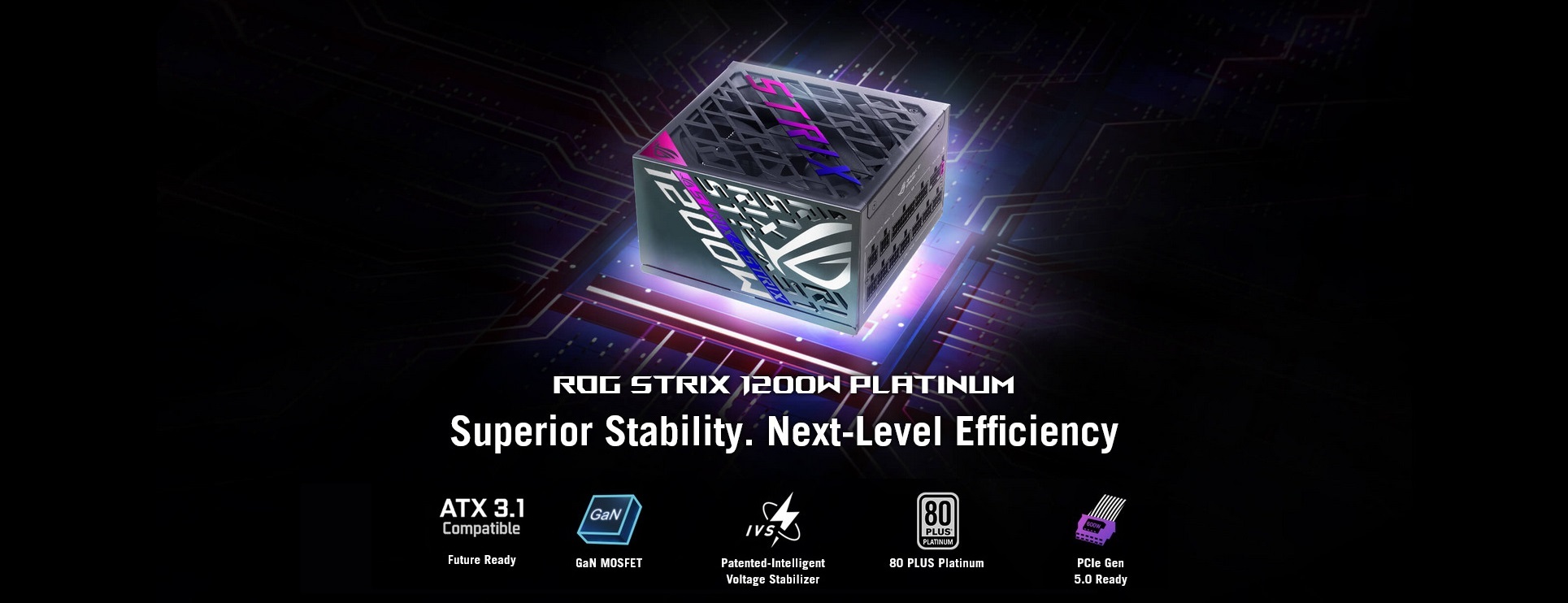 A large marketing image providing additional information about the product ASUS ROG Strix 1200W Platinum PCIe 5.0 ATX Modular PSU - Additional alt info not provided