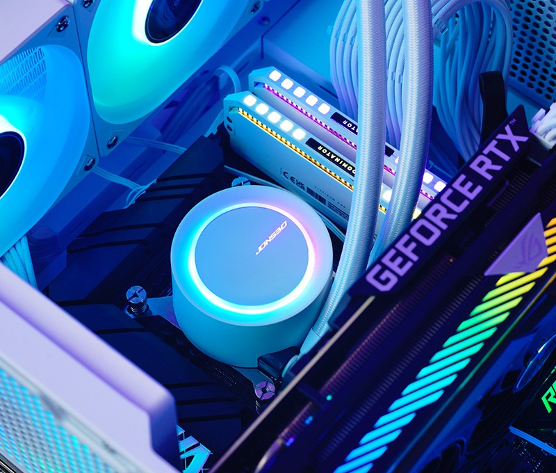 A large marketing image providing additional information about the product Jonsbo TG-240 ARGB 240mm AIO CPU Liquid Cooler - White - Additional alt info not provided