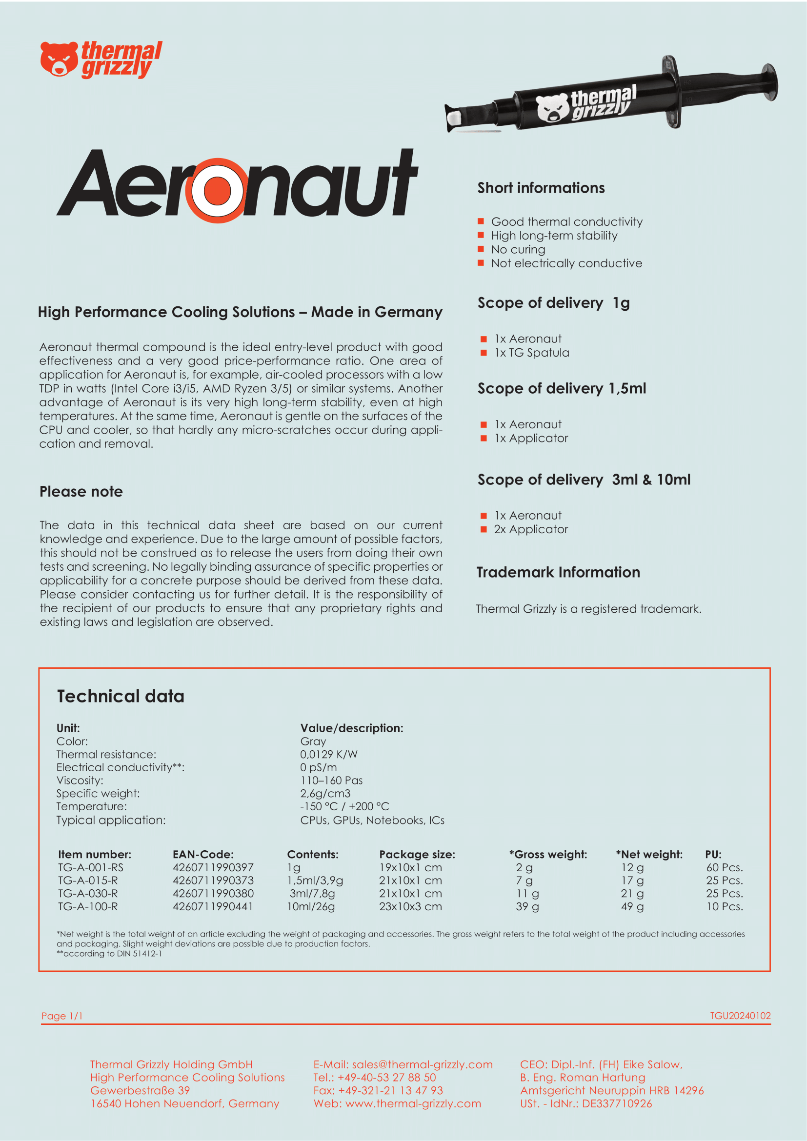 A large marketing image providing additional information about the product Thermal Grizzly Aeronaut - Thermal Compound (1g) - Additional alt info not provided