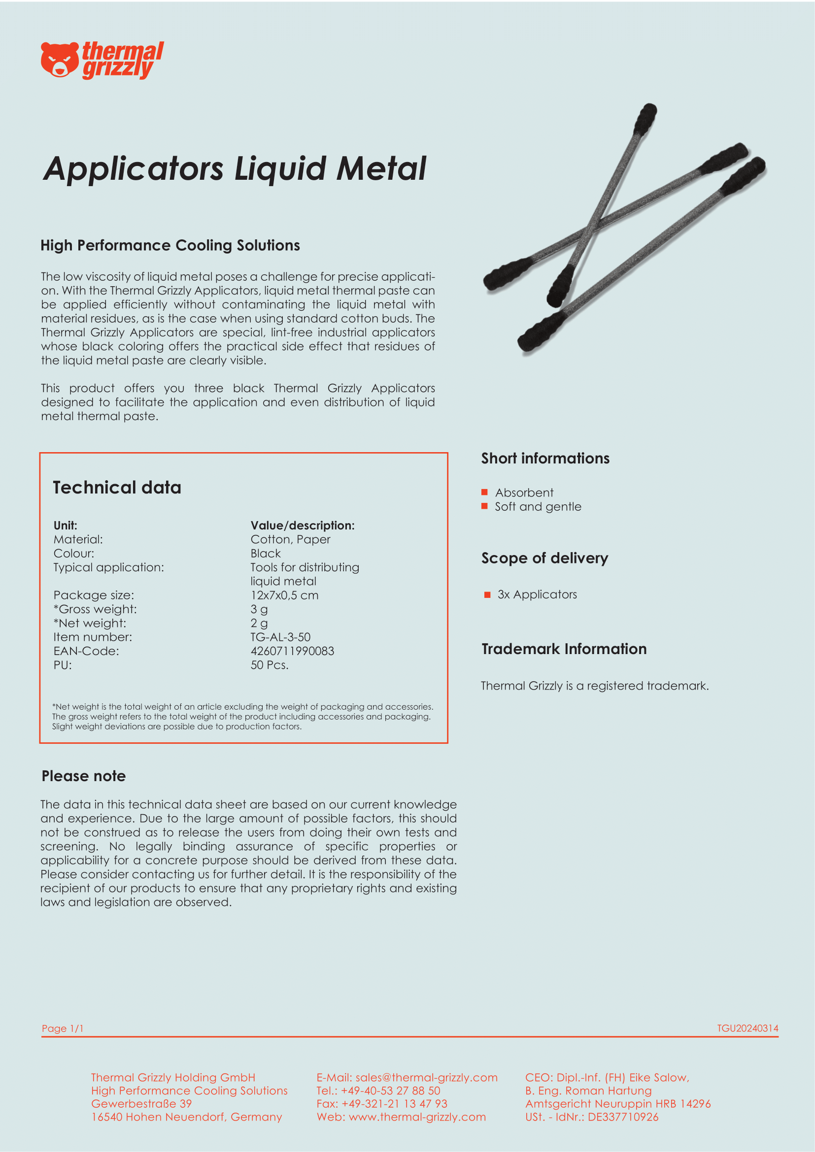 A large marketing image providing additional information about the product Thermal Grizzly Applicator - Liquid Metal Spreader (3pcs) - Additional alt info not provided