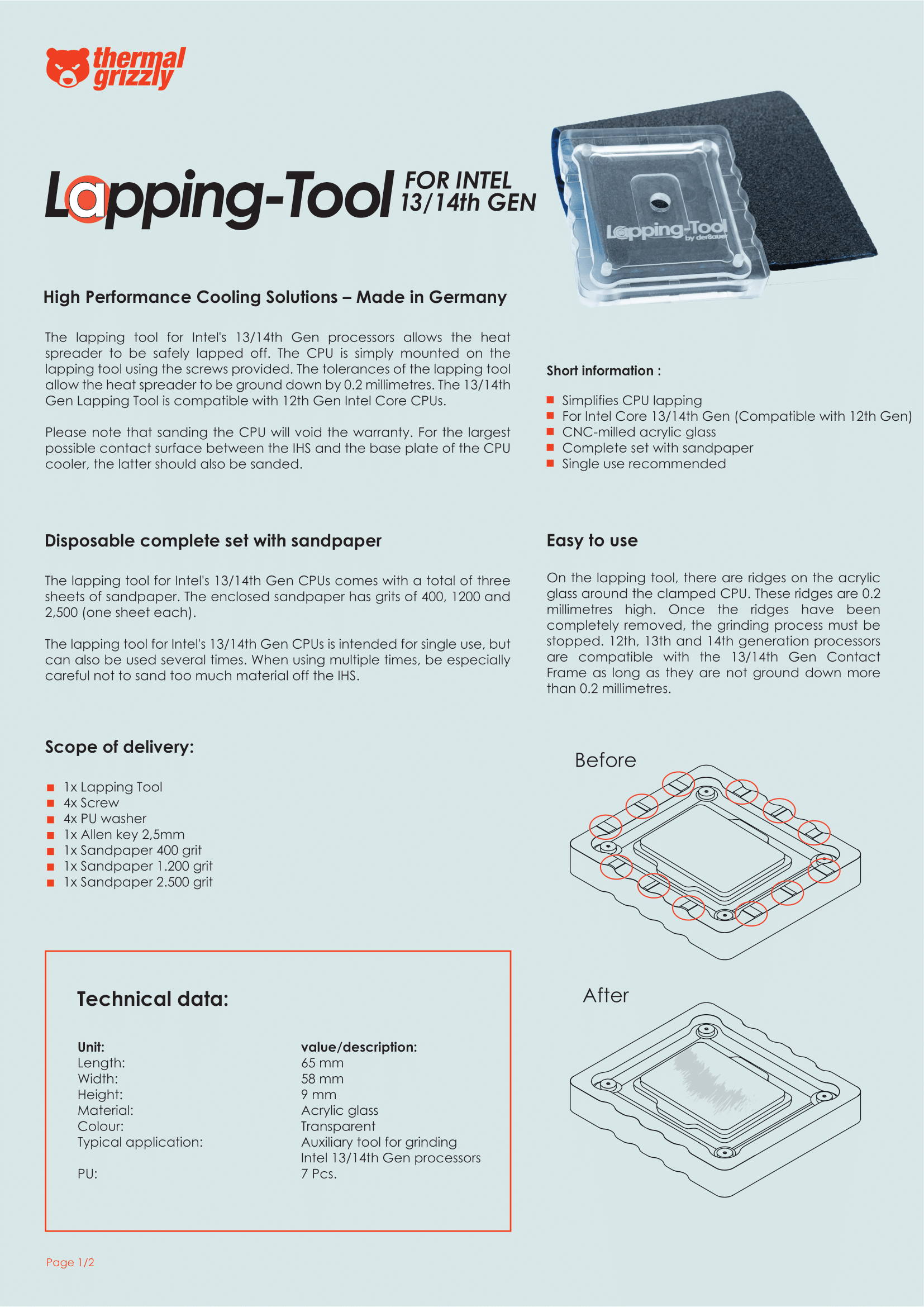 A large marketing image providing additional information about the product Thermal Grizzly LGA1700 Lapping Tool - Additional alt info not provided