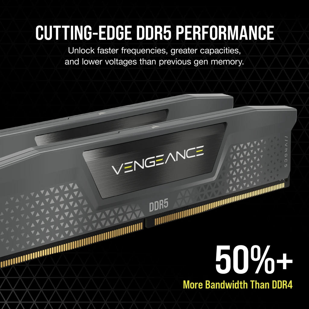 A large marketing image providing additional information about the product Corsair Vengeance 16GB Kit (2x8GB) DDR5 C40 5200MHz - Grey - Additional alt info not provided