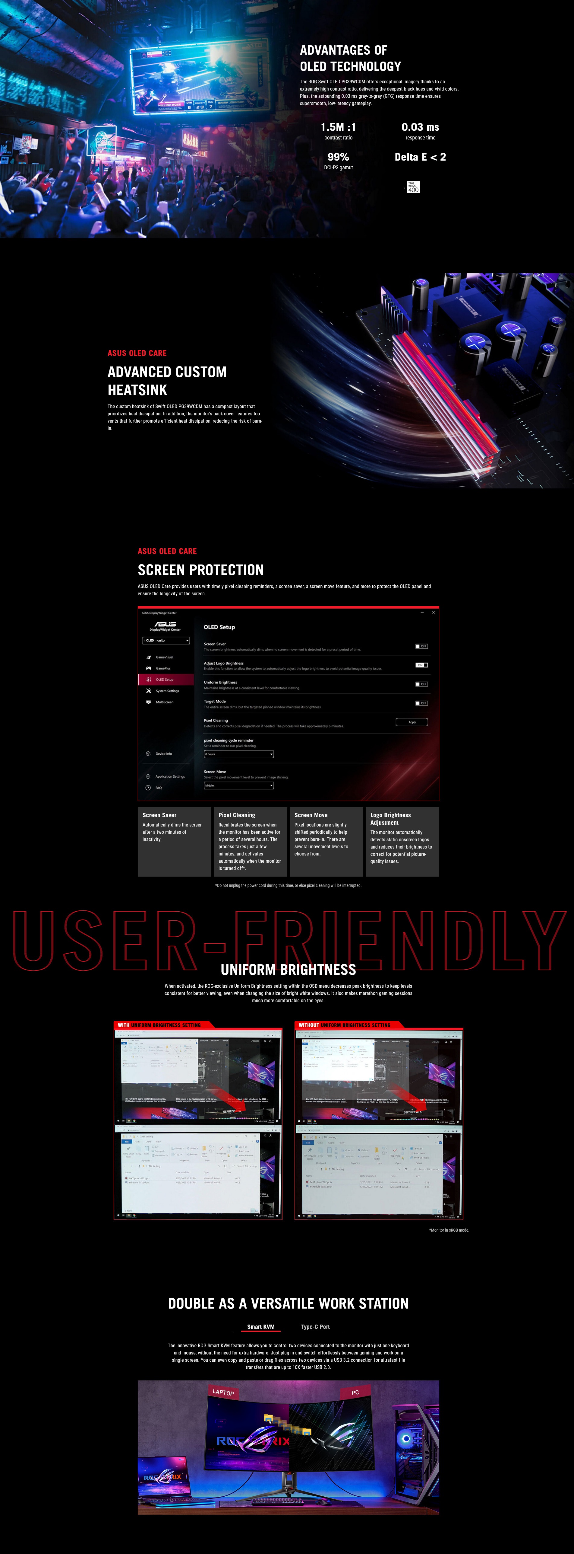 A large marketing image providing additional information about the product ASUS ROG Swift OLED PG39WCDM 39" Curved 1440p Ultrawide 240Hz WOLED Monitor - Additional alt info not provided