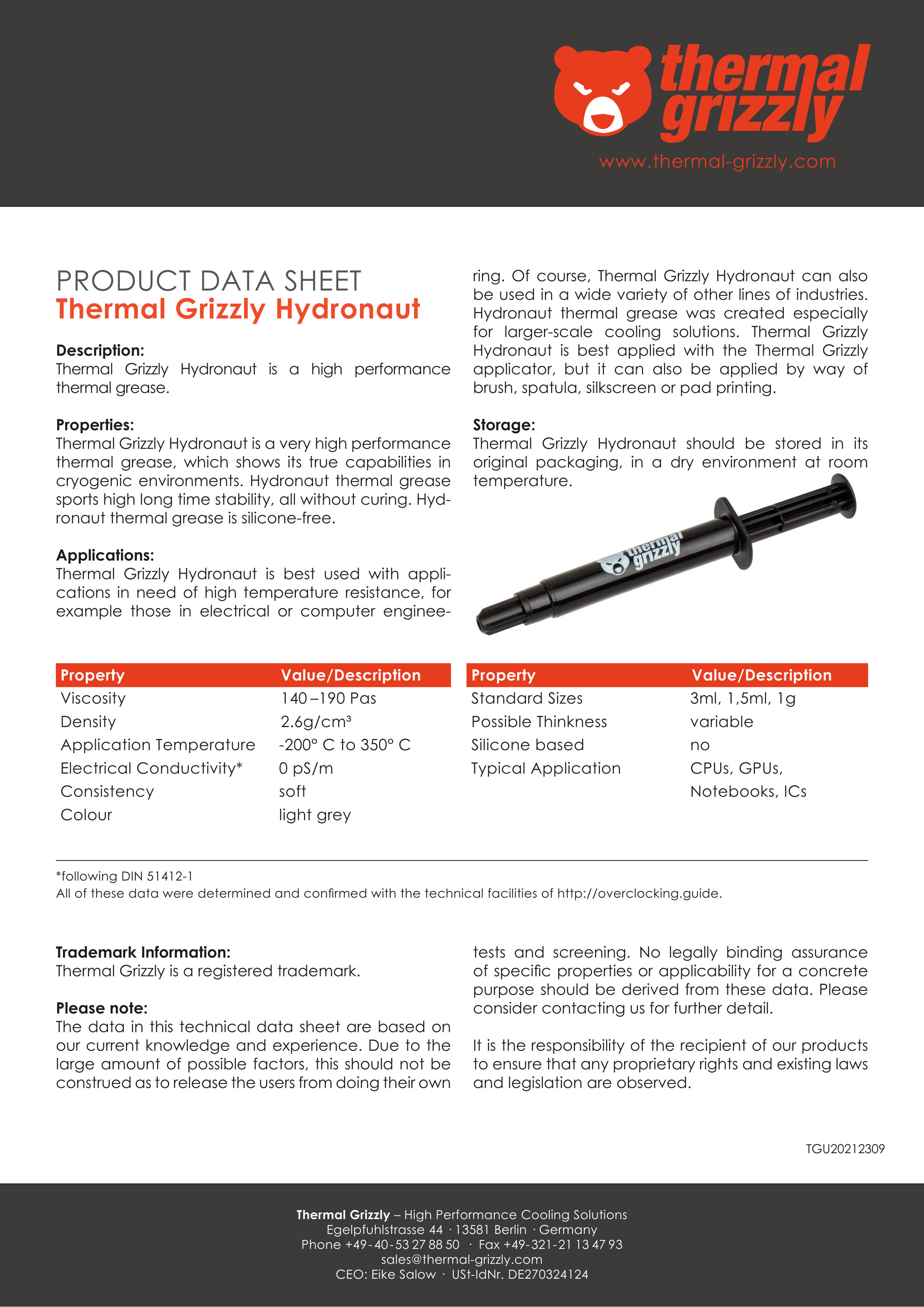 A large marketing image providing additional information about the product Thermal Grizzly Hydronaut - Performance Thermal Compound (1g) - Additional alt info not provided