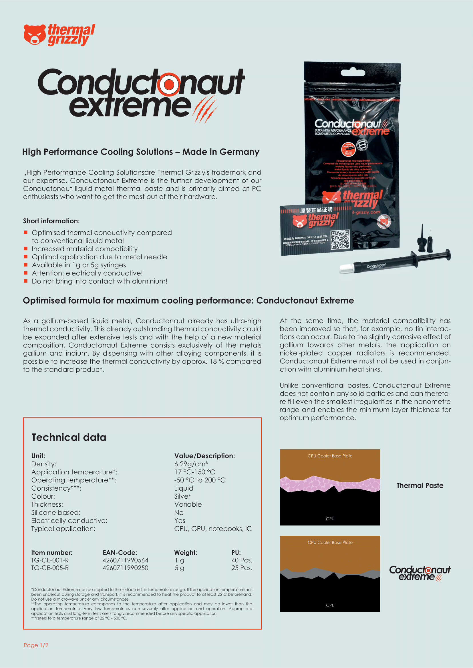 A large marketing image providing additional information about the product Thermal Grizzly Conductonaut Extreme - High Performance Liquid Metal (1g) - Additional alt info not provided