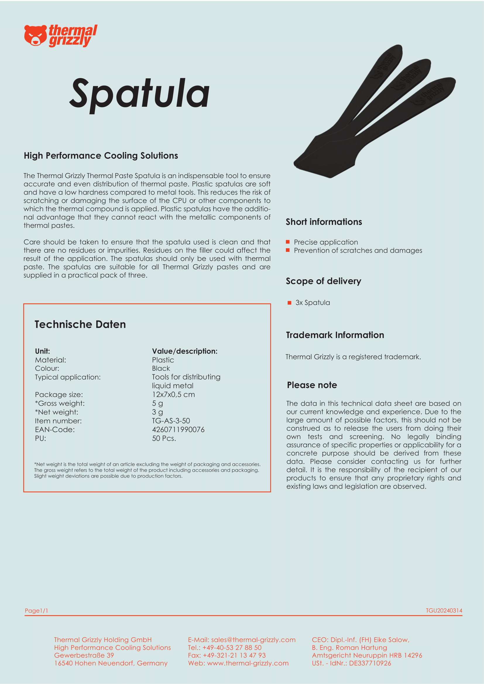 A large marketing image providing additional information about the product Thermal Grizzly Spatula - Thermal Compound Spreader (3pcs) - Additional alt info not provided