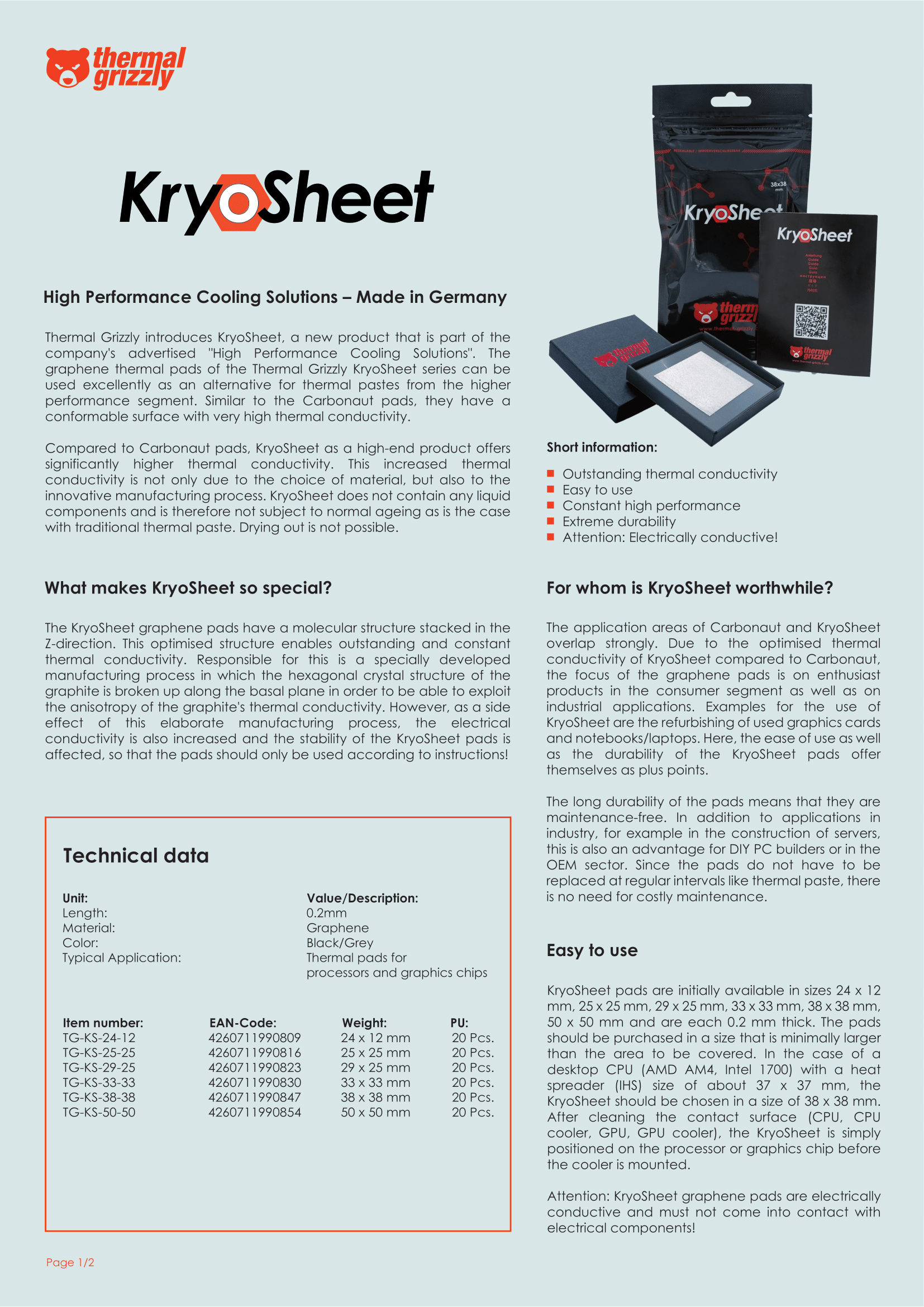 A large marketing image providing additional information about the product Thermal Grizzly Kryosheet - 25x25mm Performance Graphene Thermal Pad - Additional alt info not provided