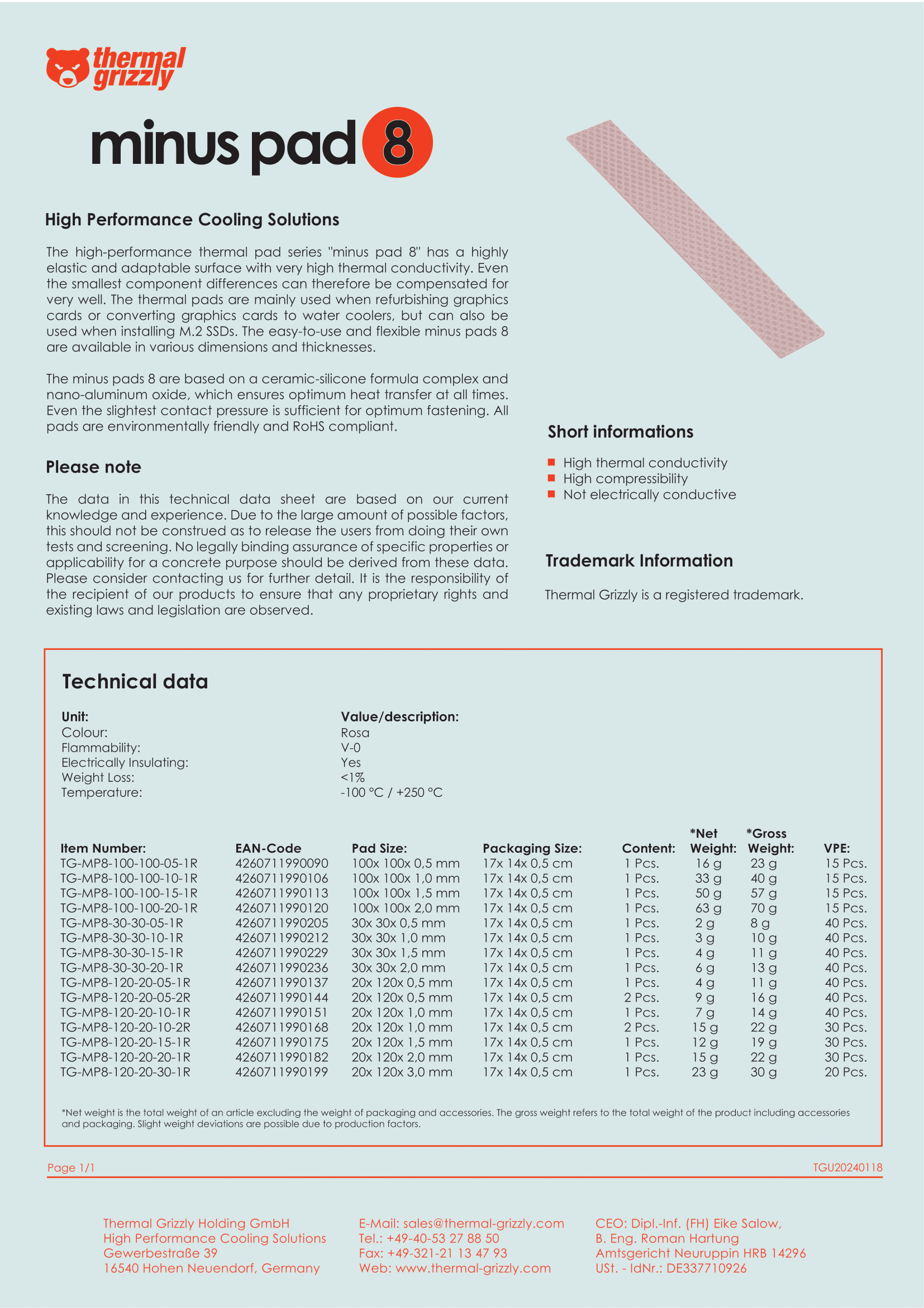 A large marketing image providing additional information about the product Thermal Grizzly Minus Pad 8 - 100x100 x 1.5mm Thermal Pad - Additional alt info not provided