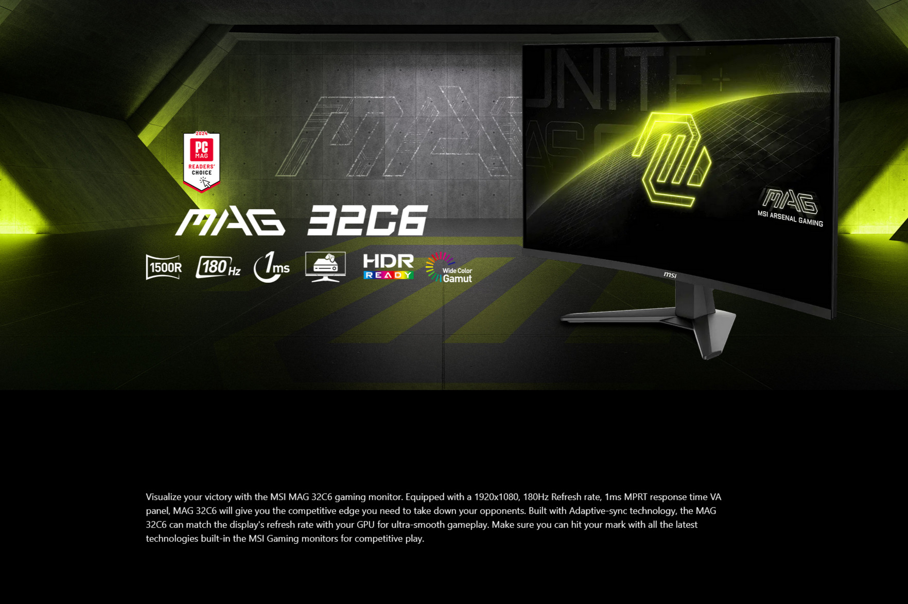 A large marketing image providing additional information about the product MSI MAG 32C6 32" Curved 1080p 180Hz VA Monitor - Additional alt info not provided