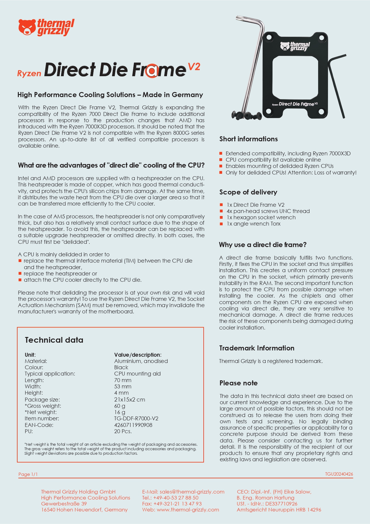 A large marketing image providing additional information about the product Thermal Grizzly AM5 Direct Die Frame V2 - Additional alt info not provided