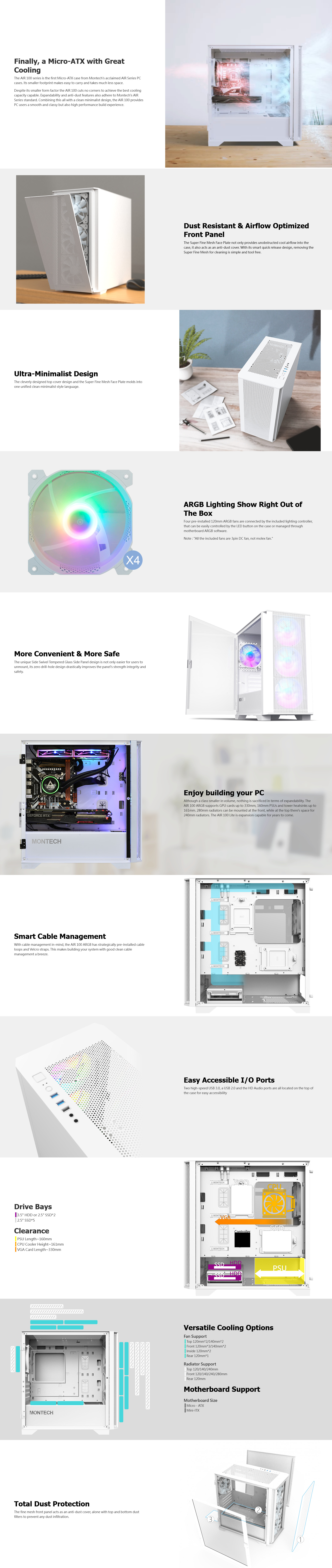 A large marketing image providing additional information about the product Montech AIR 100 - Micro Tower Case (White) - Additional alt info not provided