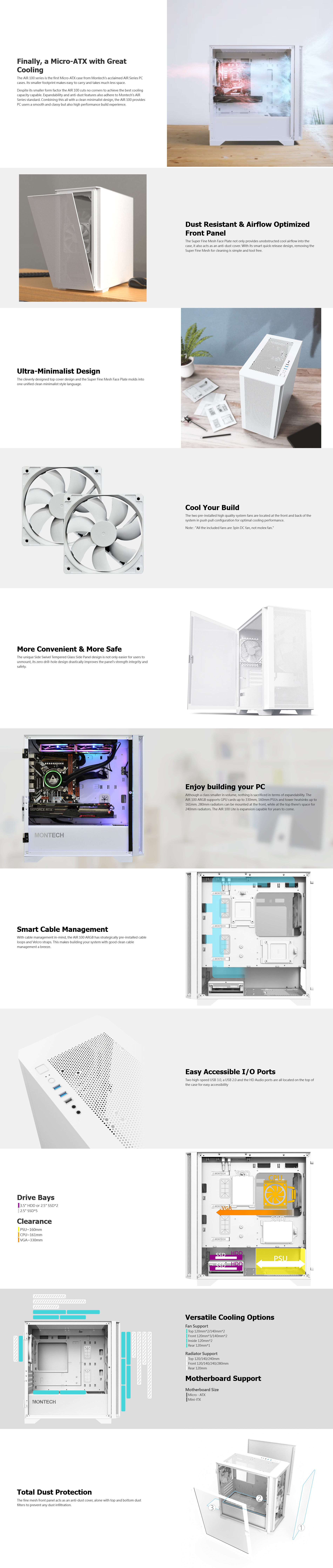 A large marketing image providing additional information about the product Montech AIR 100 Lite - Micro Tower Case (White) - Additional alt info not provided