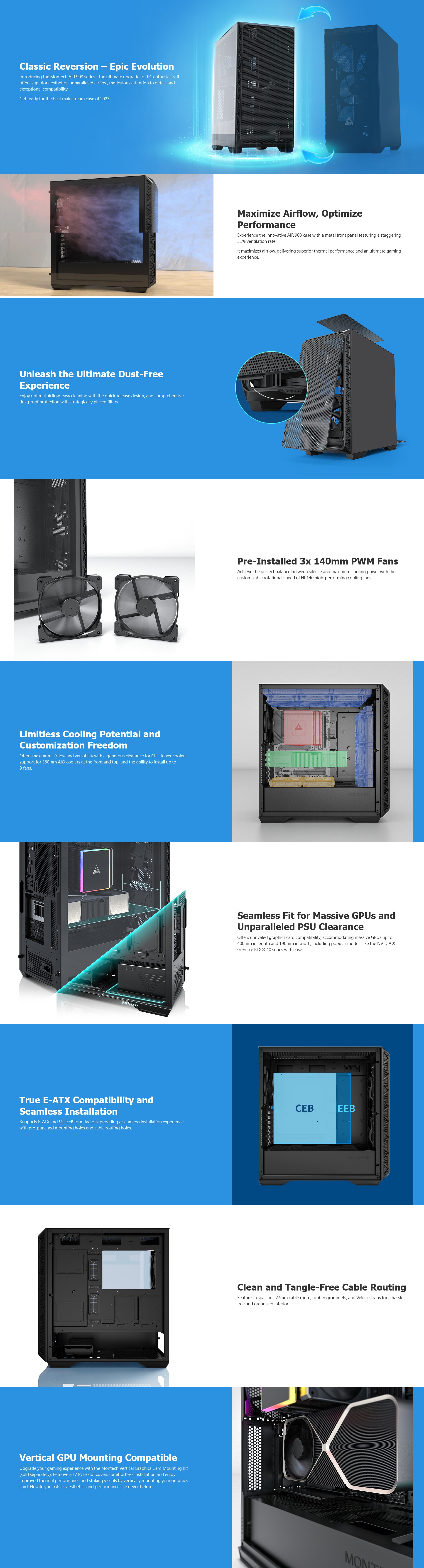 A large marketing image providing additional information about the product Montech AIR 903 Base - Mid Tower Case (Black) - Additional alt info not provided