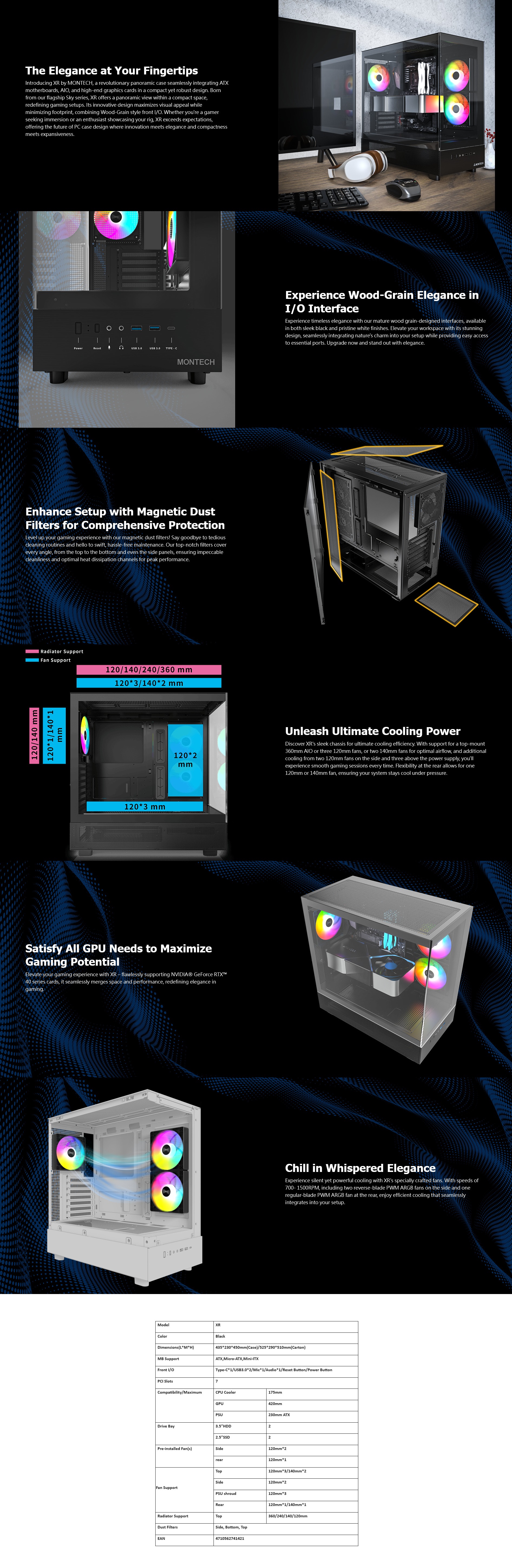 A large marketing image providing additional information about the product Montech XR - Tempered Glass Mid Tower Case (Black) - Additional alt info not provided