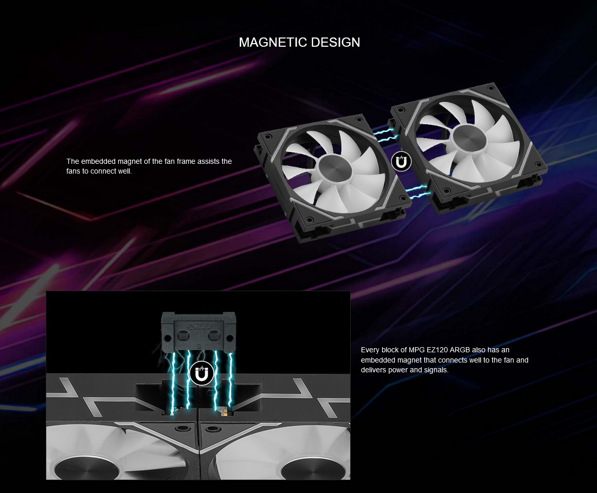 A large marketing image providing additional information about the product MSI MPG EZ120 ARGB 120mm Fan - 3 Pack - Additional alt info not provided