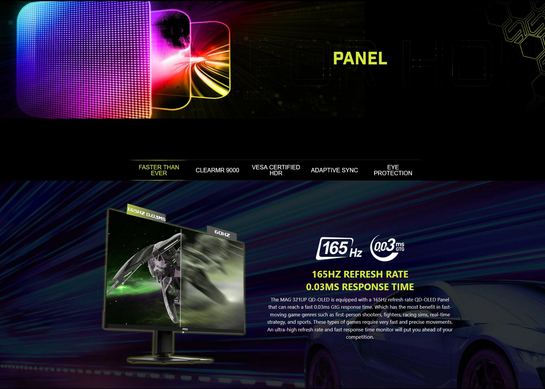 A large marketing image providing additional information about the product MSI MAG 321UP QD-OLED 32" 4K 165Hz QD-OLED Monitor - Additional alt info not provided