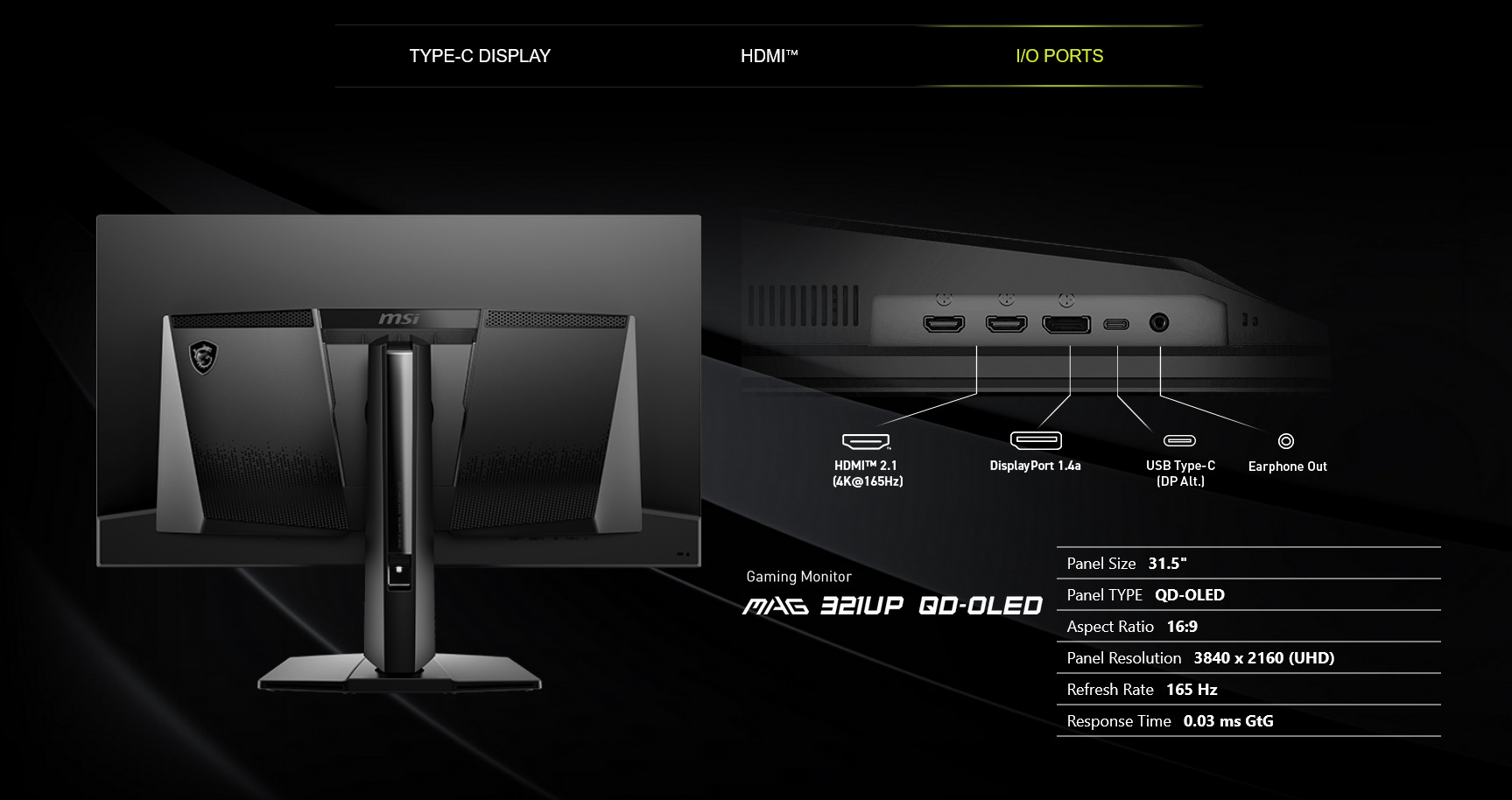 A large marketing image providing additional information about the product MSI MAG 321UP QD-OLED 32" 4K 165Hz QD-OLED Monitor - Additional alt info not provided