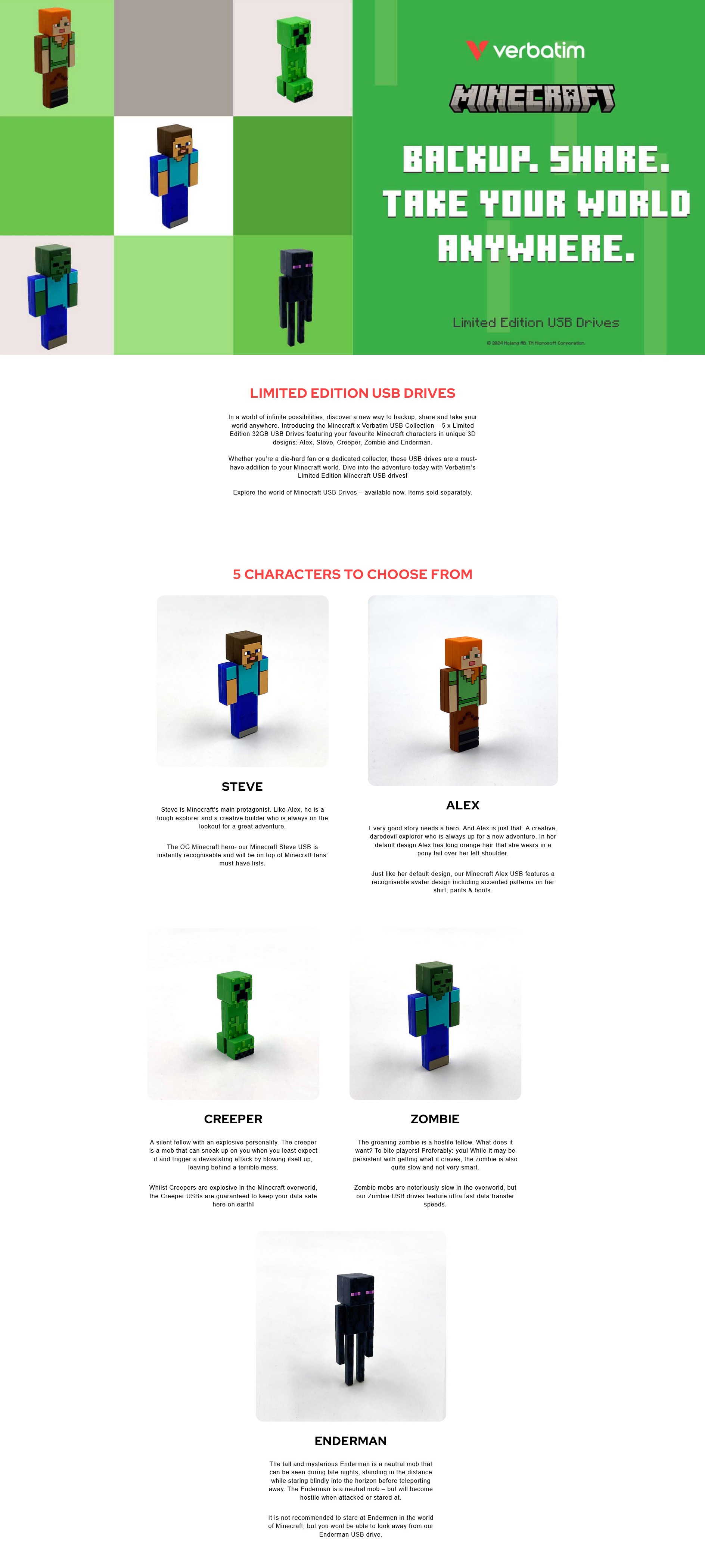 A large marketing image providing additional information about the product Verbatim Minecraft Collectors Edition USB 32GB Flash Drive - Alex - Additional alt info not provided