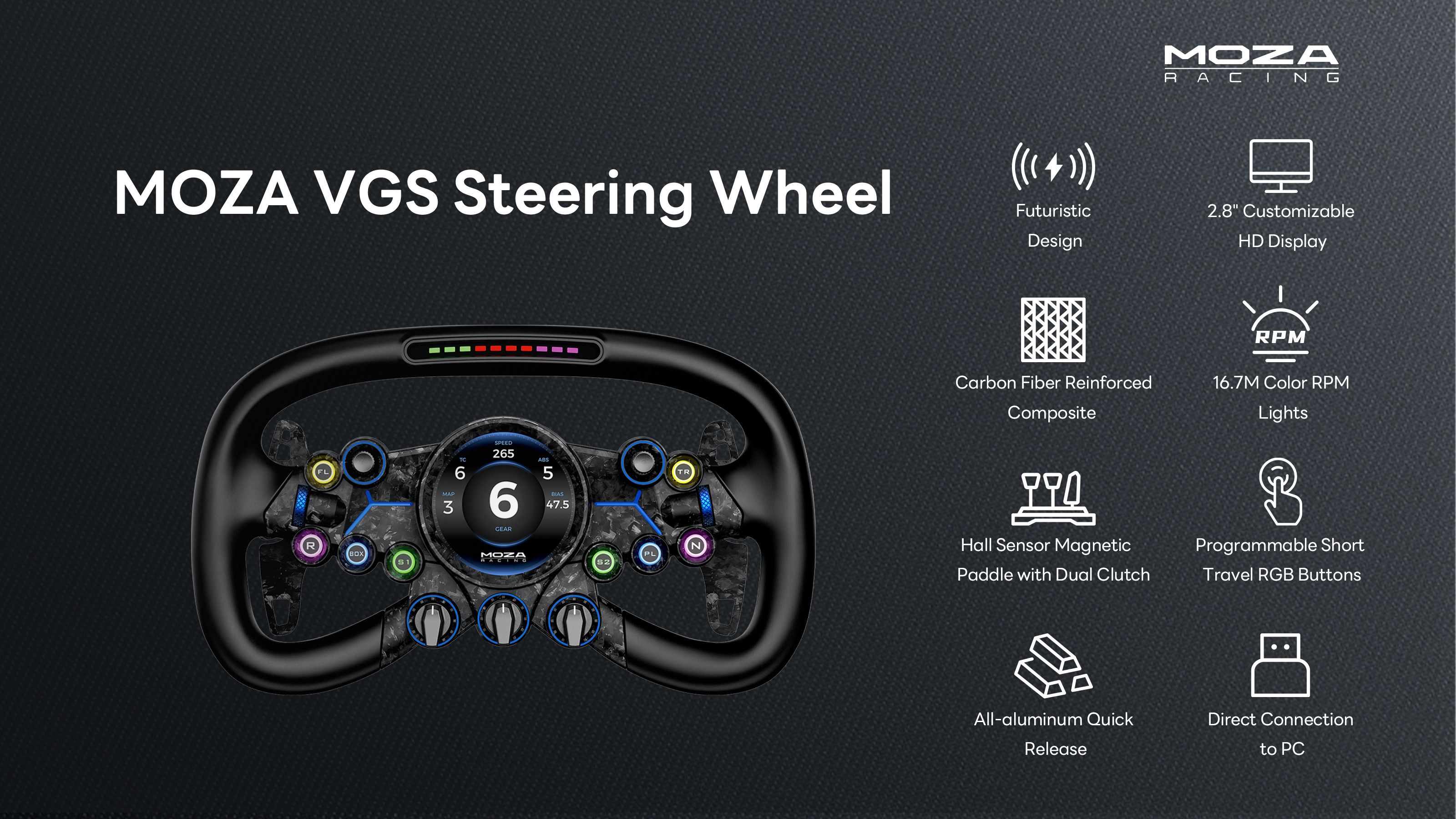 A large marketing image providing additional information about the product MOZA VGS Steering Wheel - Additional alt info not provided