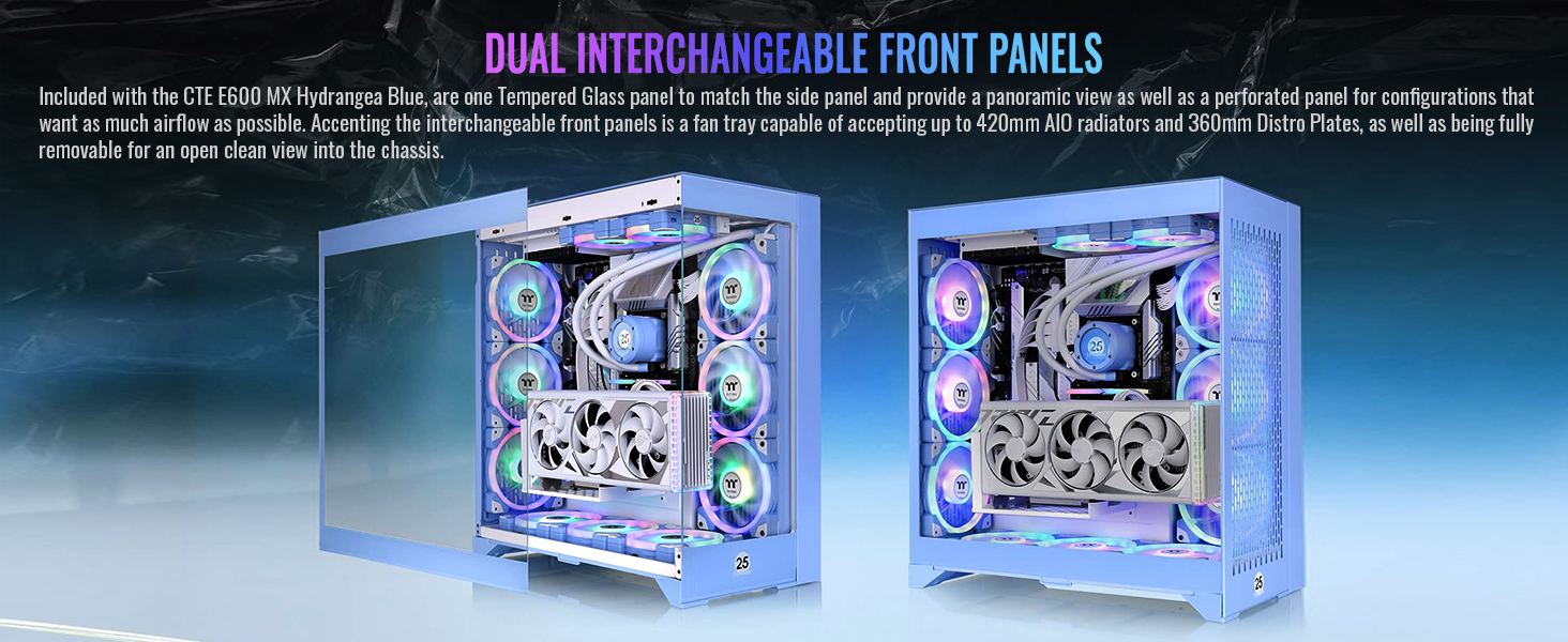 A large marketing image providing additional information about the product Thermaltake CTE E600 MX - Tempered Glass eATX Mid Tower Case (Hydrangea Blue) - Additional alt info not provided