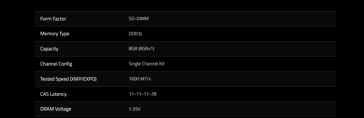 A large marketing image providing additional information about the product G.Skill 8GB Single (1x8GB) DDR3L SO-DIMM C11 1600MHz  - Additional alt info not provided