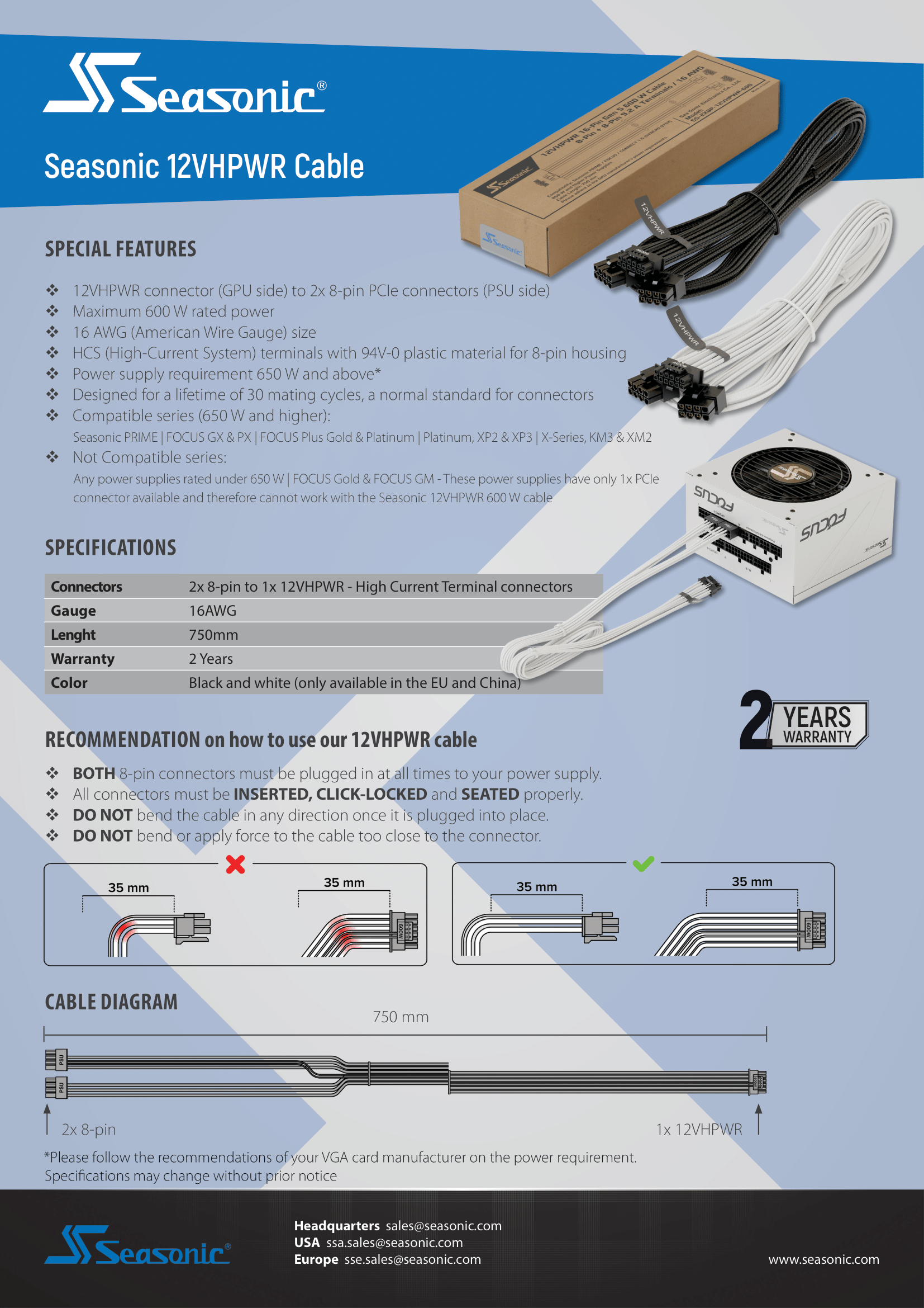 A large marketing image providing additional information about the product Seasonic 12VHPWR Cable - 600W 2x8-pin PCIe to 12VHPWR Adapter (750mm) - Additional alt info not provided