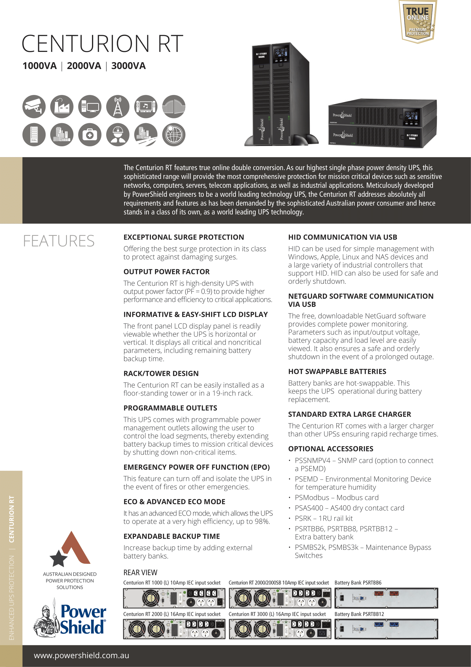 A large marketing image providing additional information about the product PowerShield Centurion RT 2KVA - True Online Pure Sine Wave Rack/Tower UPS - Additional alt info not provided