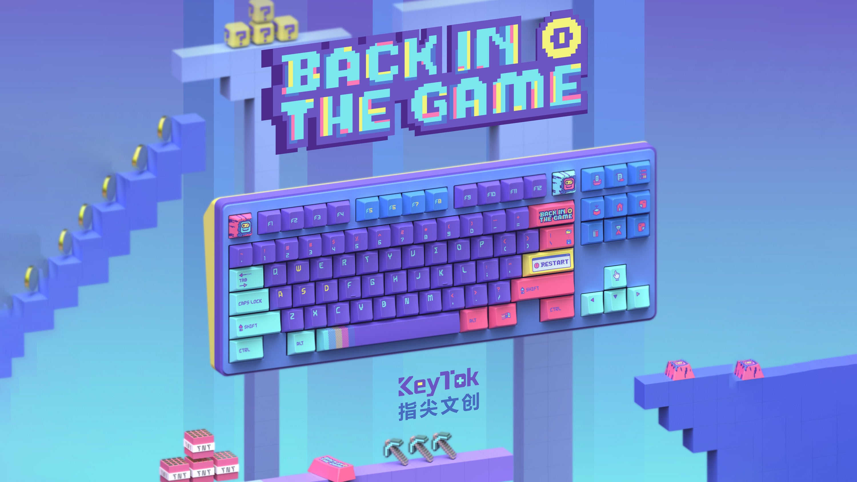 A large marketing image providing additional information about the product Keytok Cherry Back in Game Purple - Dye-Sub PBT Keycap Set (152pcs) - Additional alt info not provided