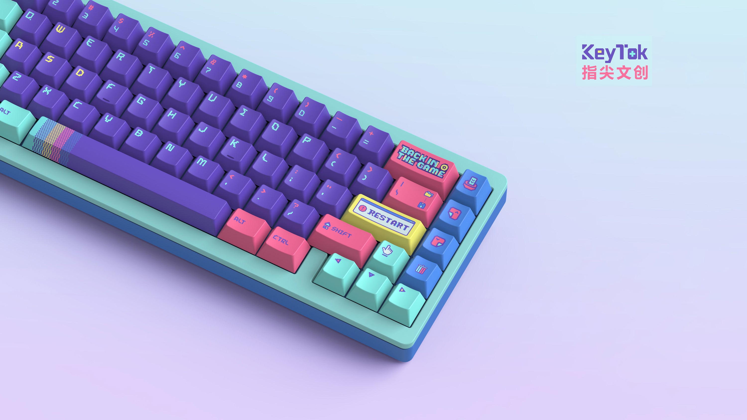 A large marketing image providing additional information about the product Keytok Cherry Back in Game Purple - Dye-Sub PBT Keycap Set (152pcs) - Additional alt info not provided