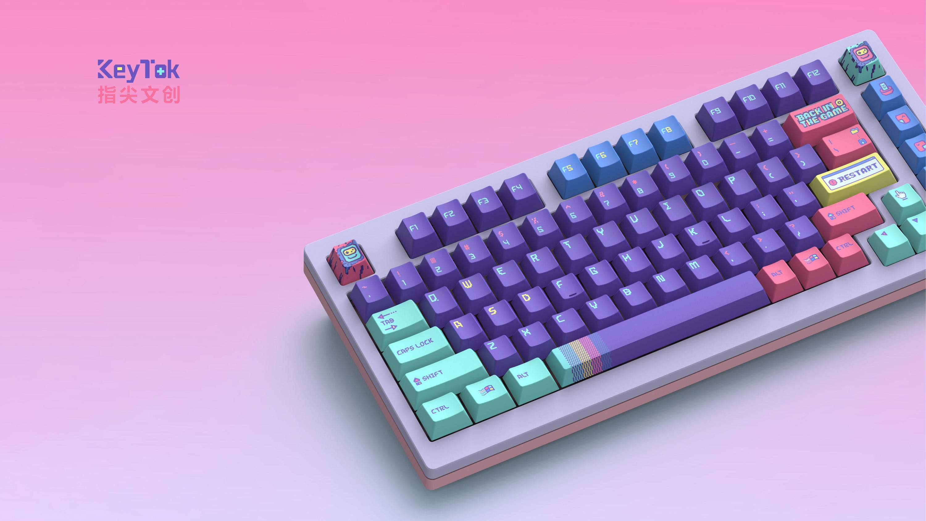 A large marketing image providing additional information about the product Keytok Cherry Back in Game Purple - Dye-Sub PBT Keycap Set (152pcs) - Additional alt info not provided