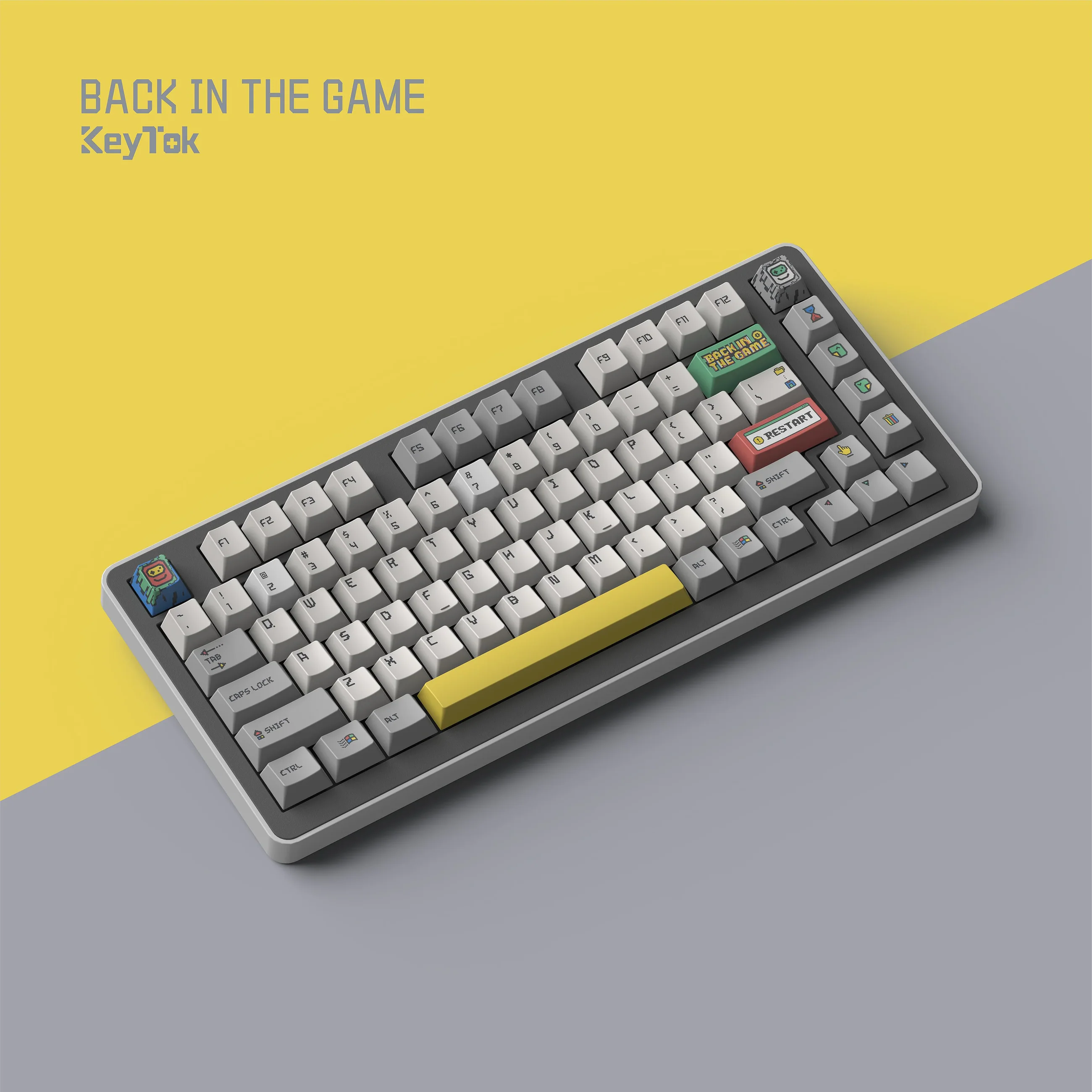 A large marketing image providing additional information about the product Keytok Cherry Back in Game Retro - Dye-Sub PBT Keycap Set (152pcs) - Additional alt info not provided