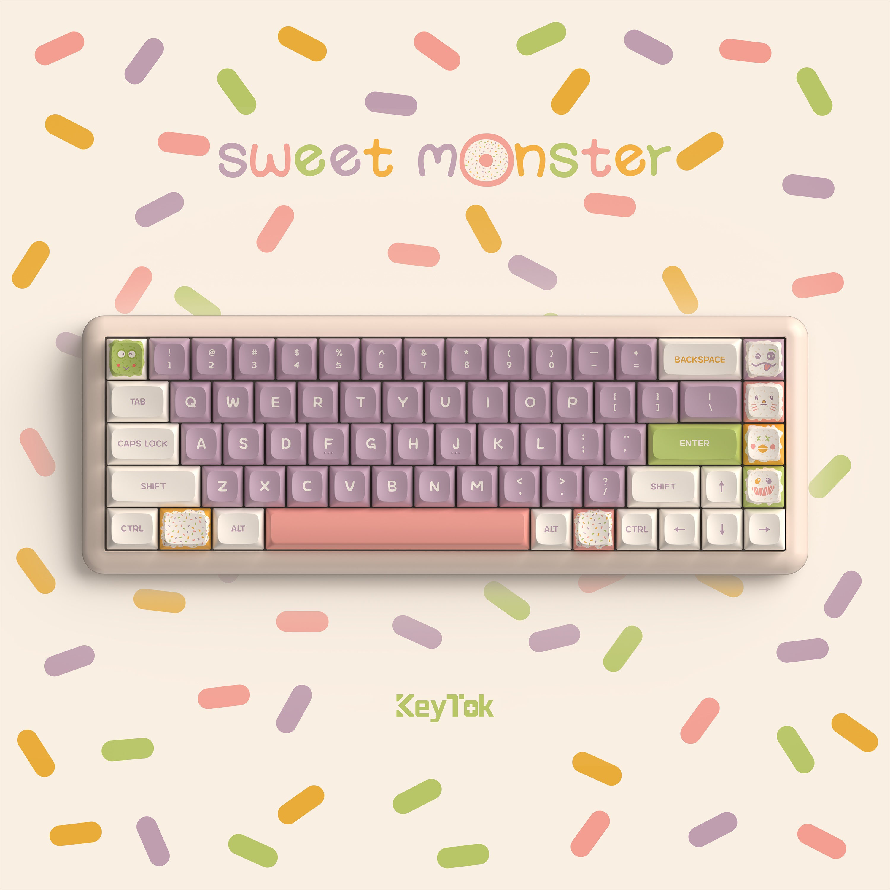 A large marketing image providing additional information about the product Keytok KDA Sweet Monster - Dye-Sub PBT Keycap Set (162pcs) - Additional alt info not provided