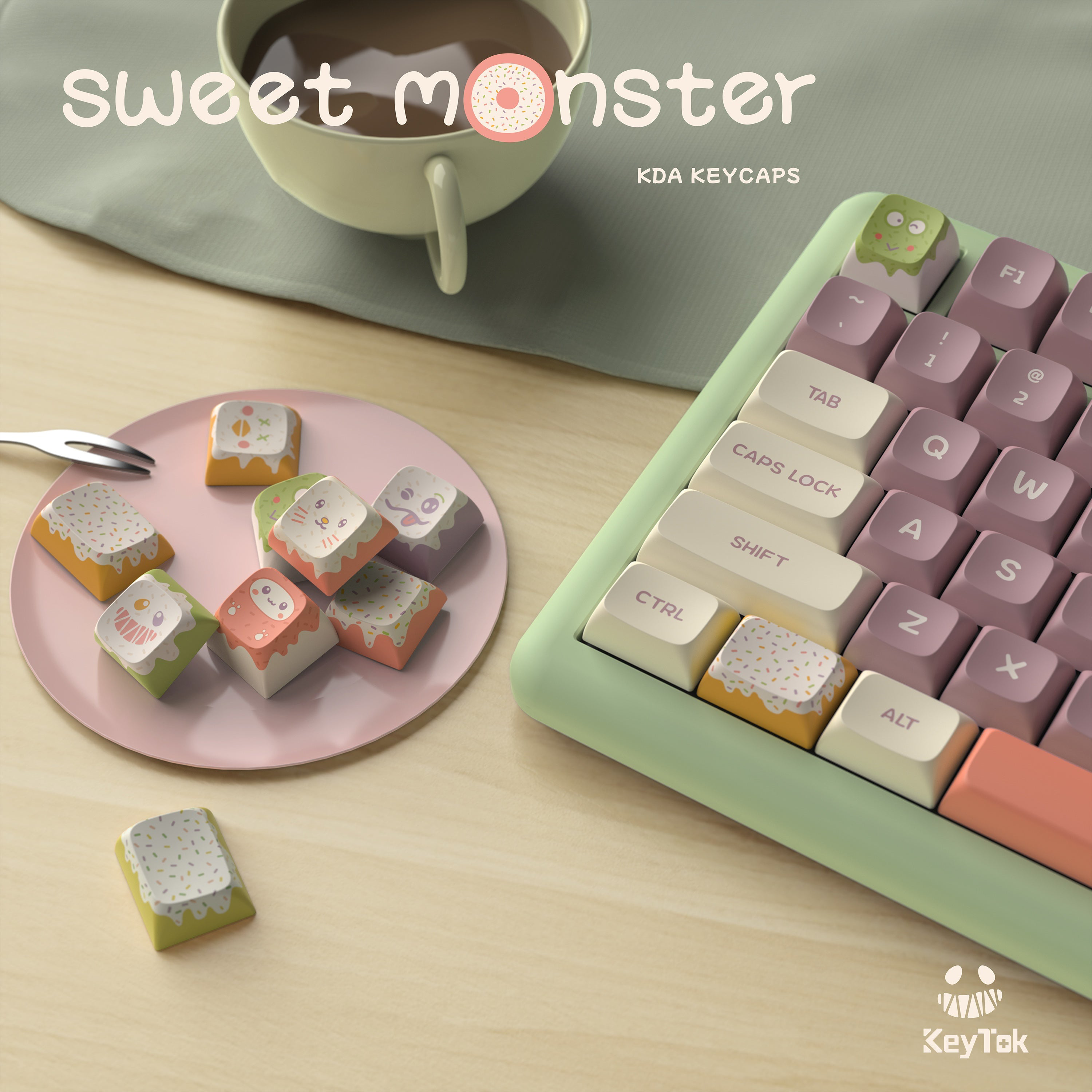 A large marketing image providing additional information about the product Keytok KDA Sweet Monster - Dye-Sub PBT Keycap Set (162pcs) - Additional alt info not provided