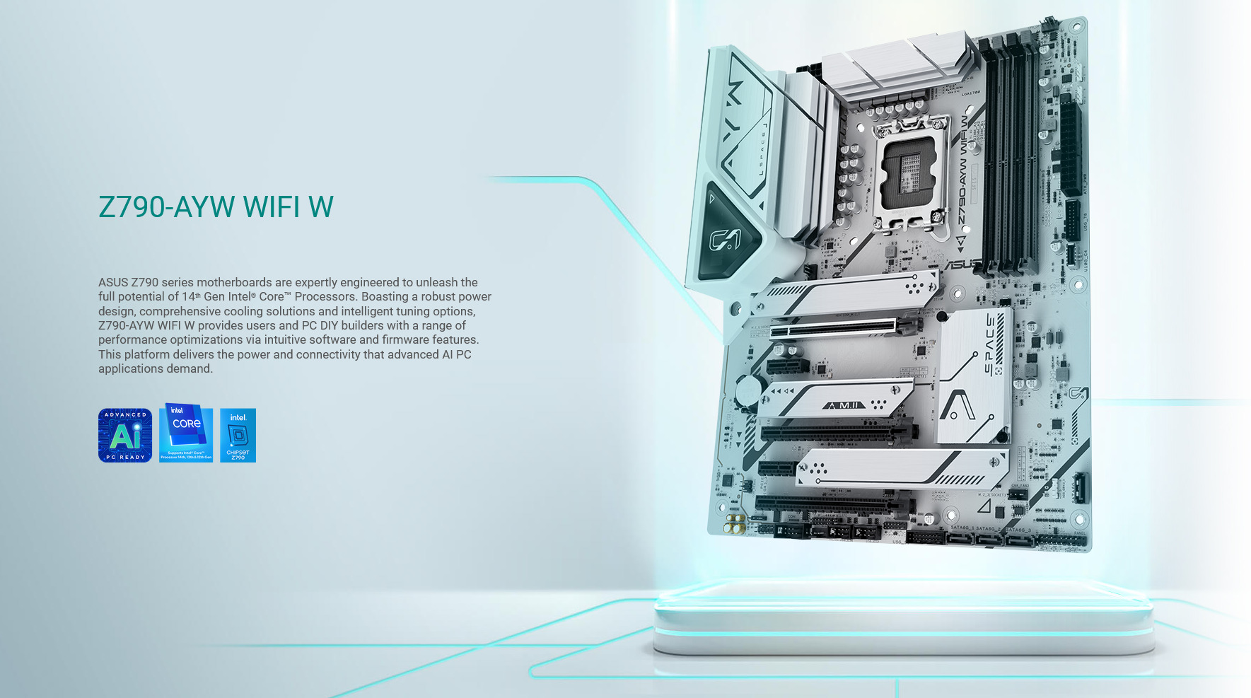 A large marketing image providing additional information about the product ASUS Z790-AYW WIFI W LGA1700 ATX Desktop Motherboard - Additional alt info not provided