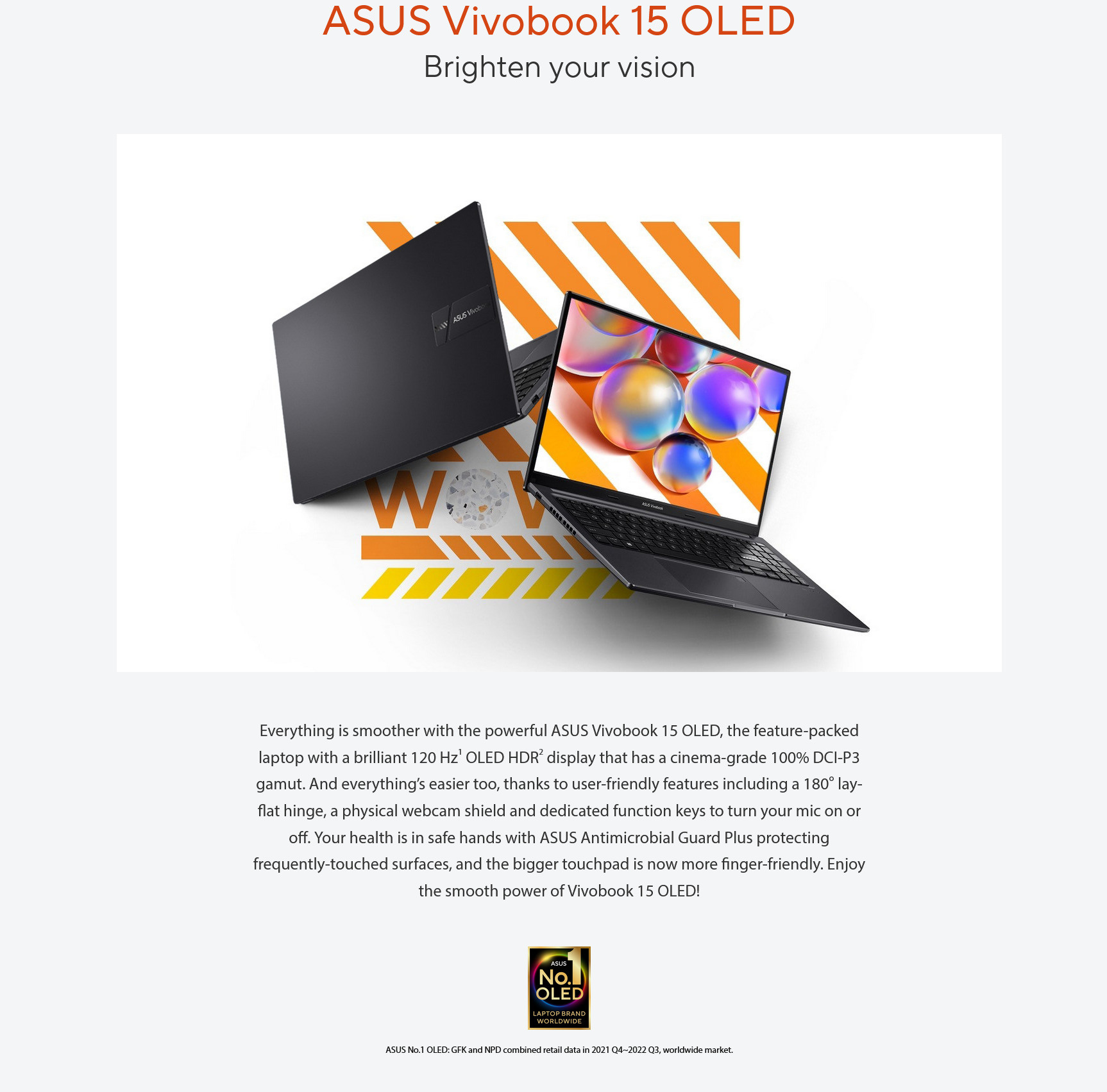 A large marketing image providing additional information about the product ASUS Vivobook 15 (M1505) - 15.6" 2.8K OLED, Ryzen 7, 16GB/512GB - Win 11 Notebook - Additional alt info not provided