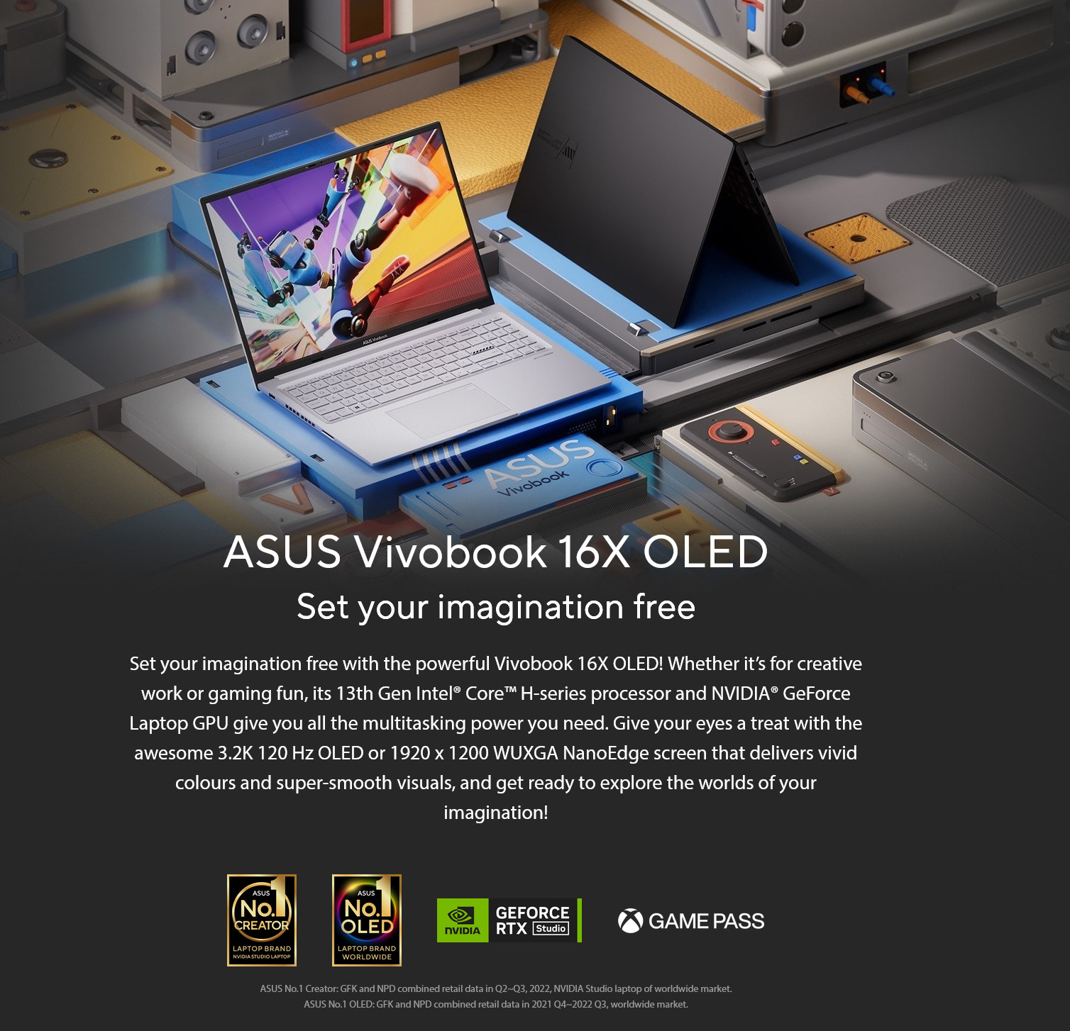 A large marketing image providing additional information about the product ASUS Vivobook 16X (K3605) - 16" 12th Gen i7, RTX 3050, 16GB/512GB - Win 11 Notebook - Additional alt info not provided