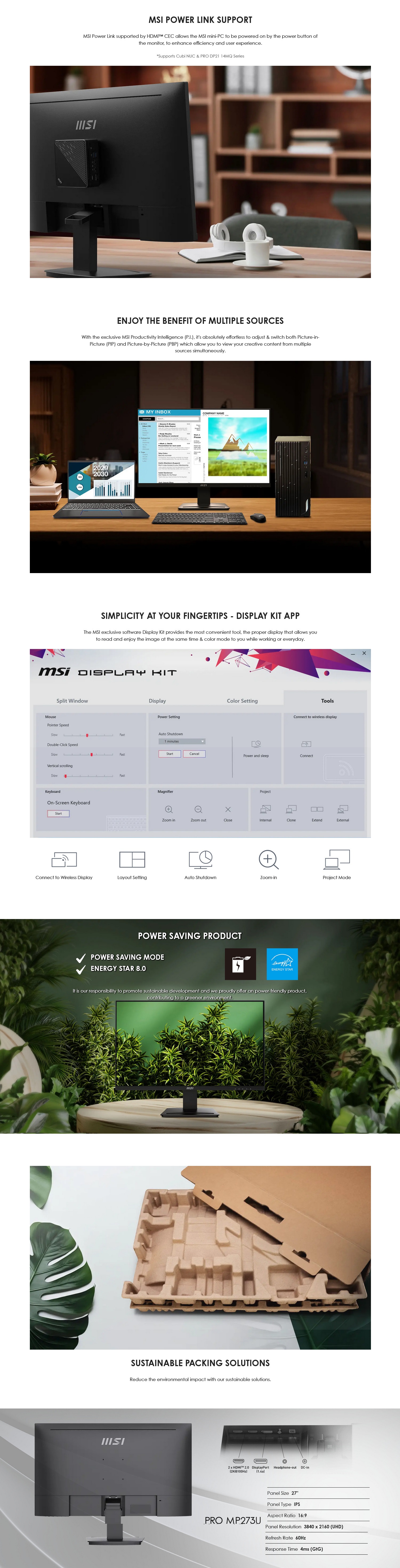 A large marketing image providing additional information about the product MSI PRO MP273U 27" 4K 60Hz IPS Monitor - Additional alt info not provided