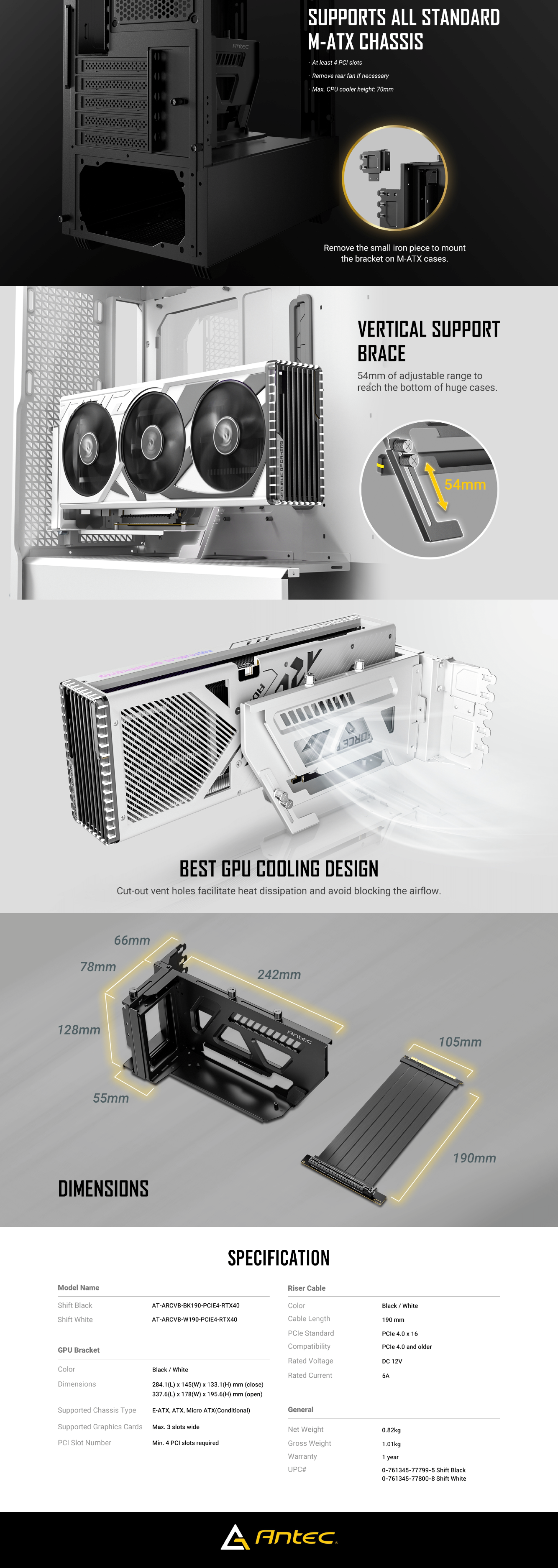 A large marketing image providing additional information about the product Antec Shift - Vertical GPU Bracket with PCIe 4.0 x16 Riser Cable (White) - Additional alt info not provided