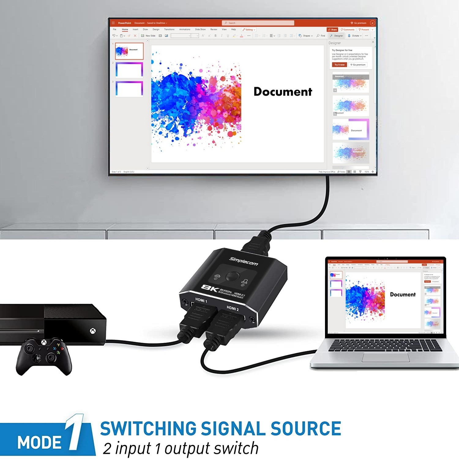 A large marketing image providing additional information about the product Simplecom CM302v2 Bi-Directional 2 Way HDMI 2.1 Switch Selector 8K@60Hz  - Additional alt info not provided