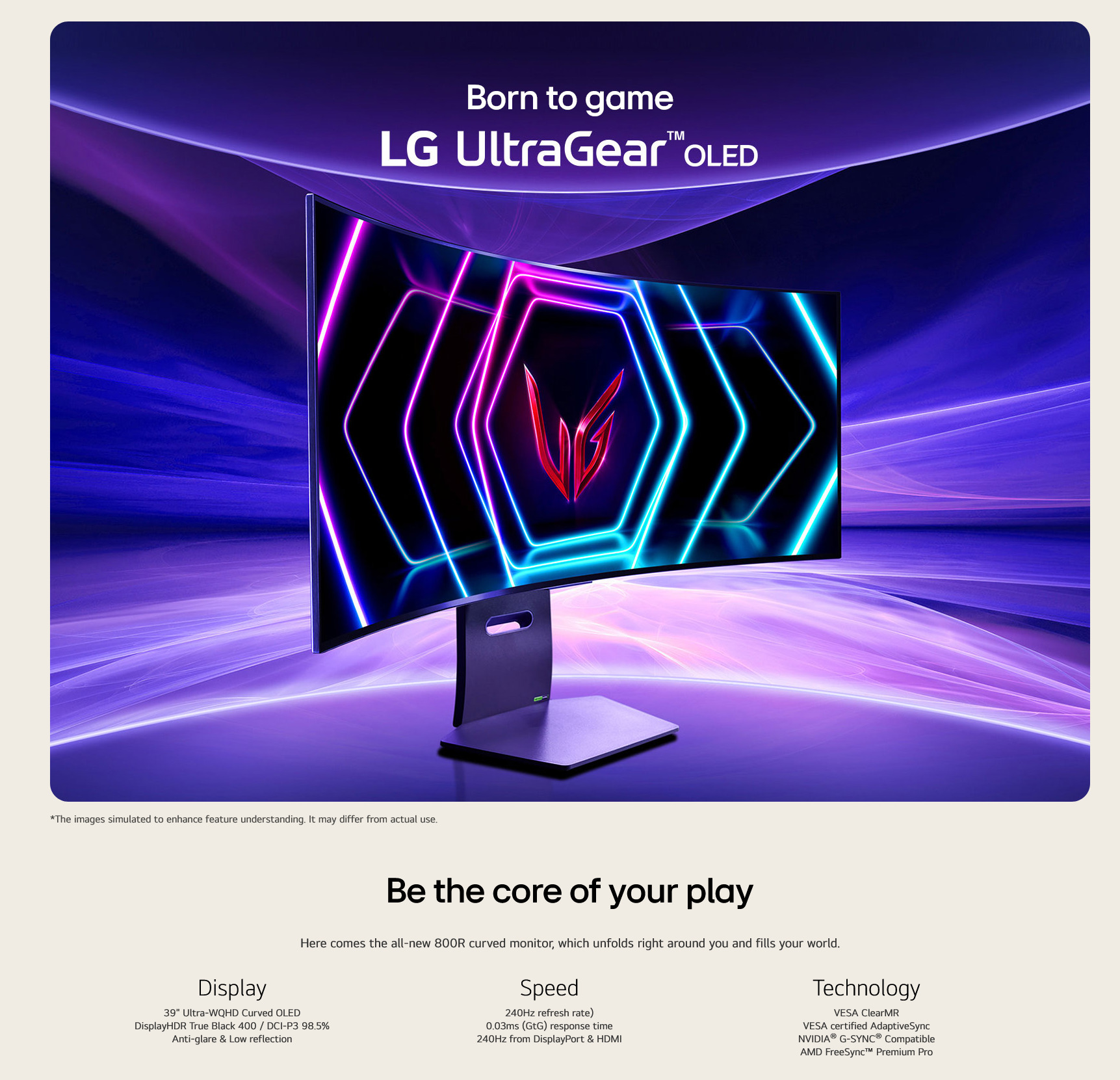 A large marketing image providing additional information about the product LG UltraGear OLED 39GS95QE-B 39" Curved 1440p Ultrawide 240Hz Monitor - Additional alt info not provided