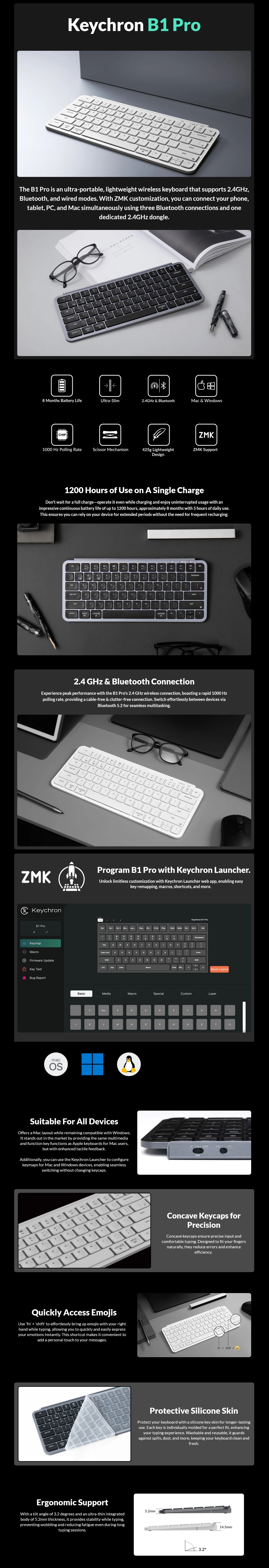 A large marketing image providing additional information about the product Keychron B1 Pro - Ultra-Slim Compact Wireless Keyboard (Ivory White) - Additional alt info not provided