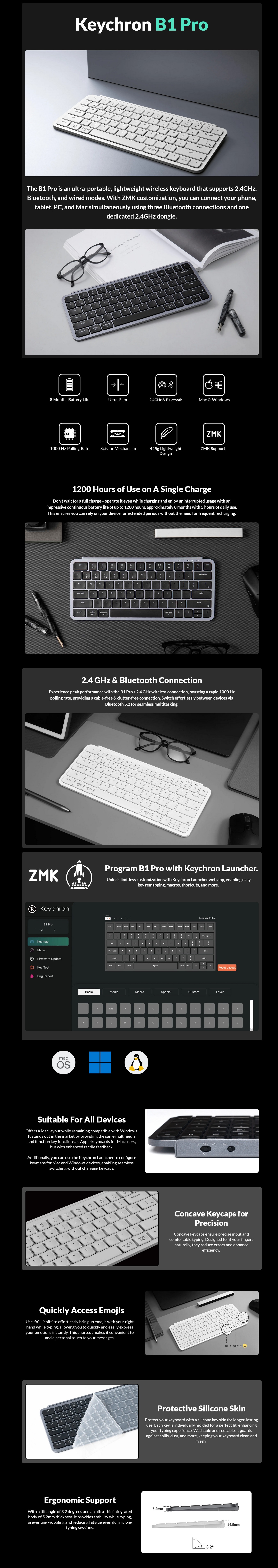 A large marketing image providing additional information about the product Keychron B1 Pro - Ultra-Slim Compact Wireless Keyboard (Space Grey) - Additional alt info not provided