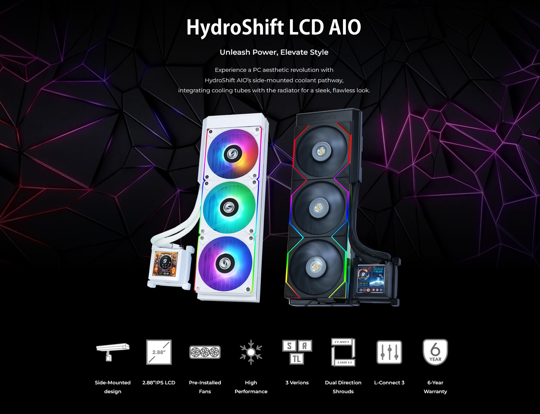 A large marketing image providing additional information about the product Lian Li HydroShift LCD 360 TL 360mm AIO Liquid CPU Cooler - Black - Additional alt info not provided