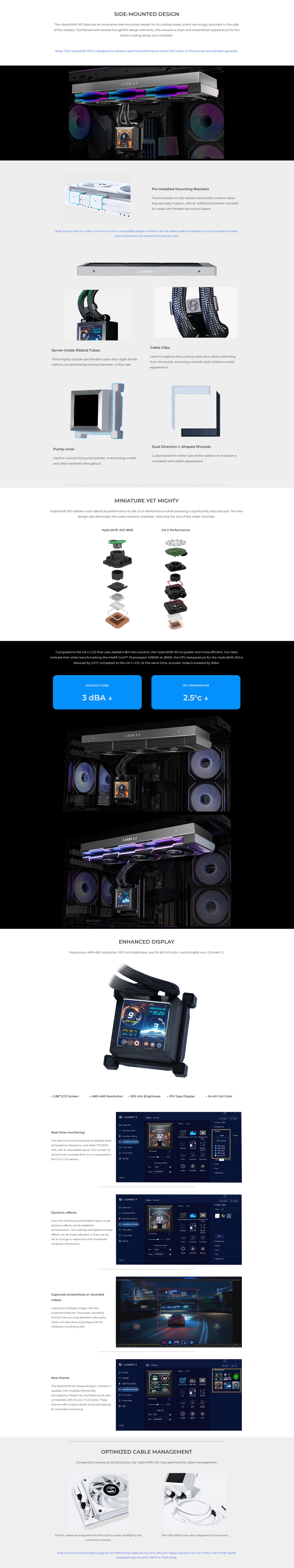 A large marketing image providing additional information about the product Lian Li HydroShift LCD 360 TL 360mm AIO Liquid CPU Cooler - Black - Additional alt info not provided