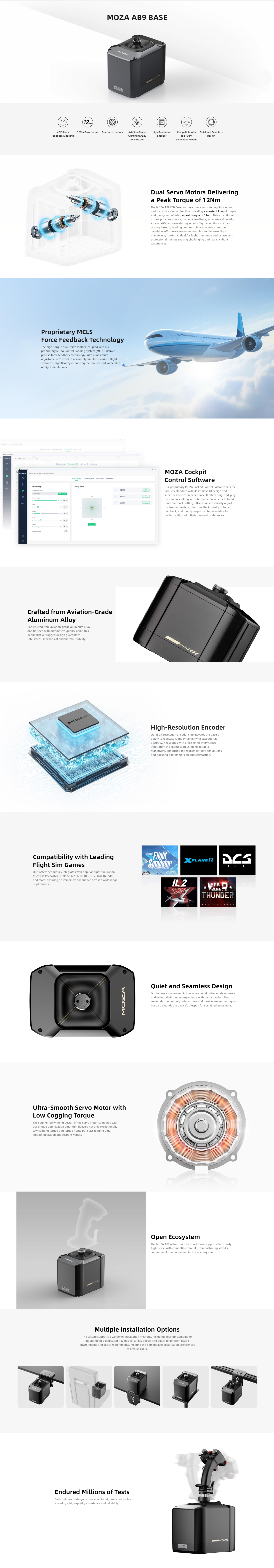 A large marketing image providing additional information about the product MOZA Flight AB9 Active Force Feedback Base - Additional alt info not provided