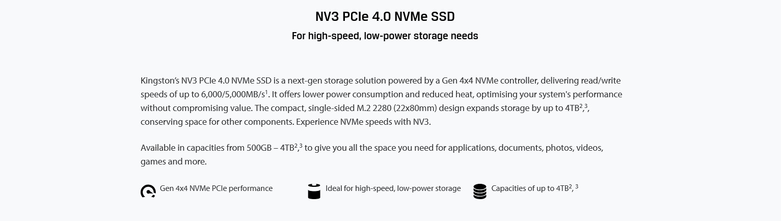 A large marketing image providing additional information about the product Kingston NV3 PCIe Gen4 NVMe M.2 SSD - 2TB - Additional alt info not provided