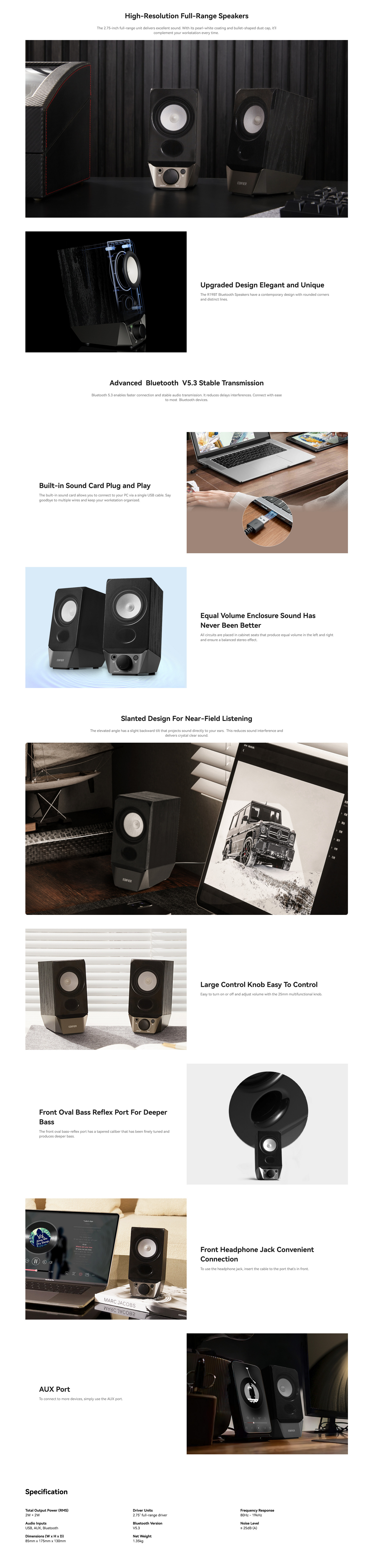 A large marketing image providing additional information about the product Edifier R19BT USB Bluetooth Speakers - Additional alt info not provided